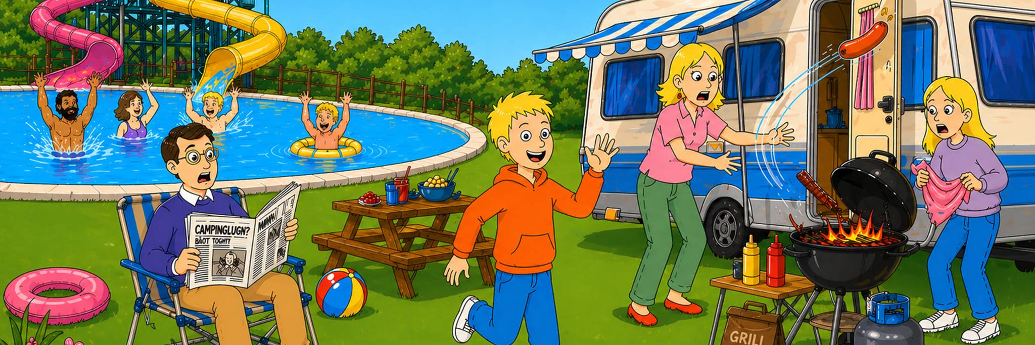 En familj campar vid en husvagn, en pojke springer, en kvinna grillar korv, en annan kvinna står i närheten, en man läser en tidning och barn leker i en pool med färgglada rutschkanor i bakgrunden.