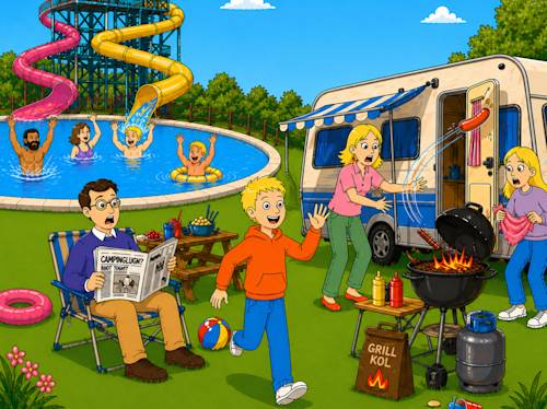 A family at a campsite; a boy runs while a sausage flies off the grill, a woman reacts in surprise, people swim in a pool, and a man reads a newspaper by a camper.