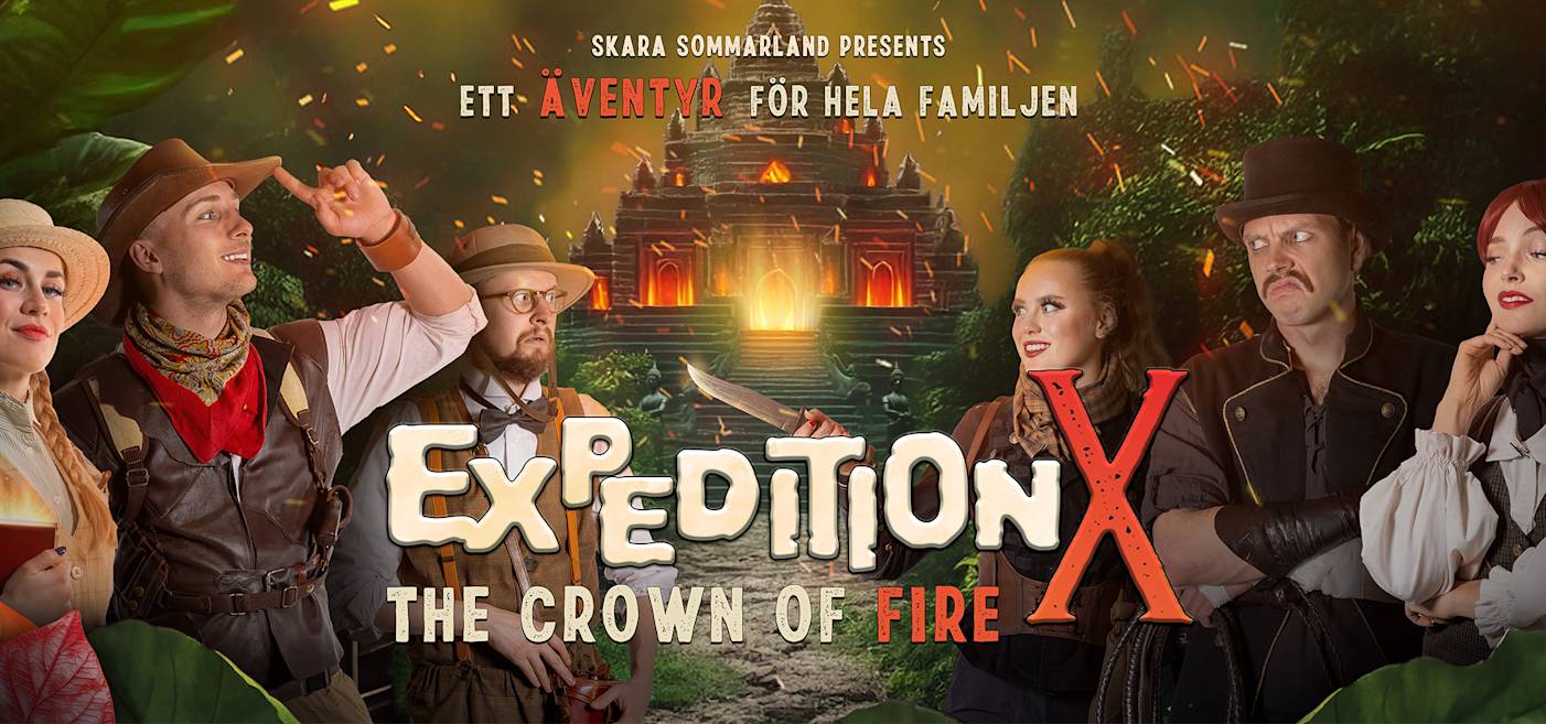 Sex personer i upptäcktsresandedräkter står framför ett eldigt tempel, med texten ”Expedition X: Eldens krona” och en svensk slogan för ett familjeäventyr.