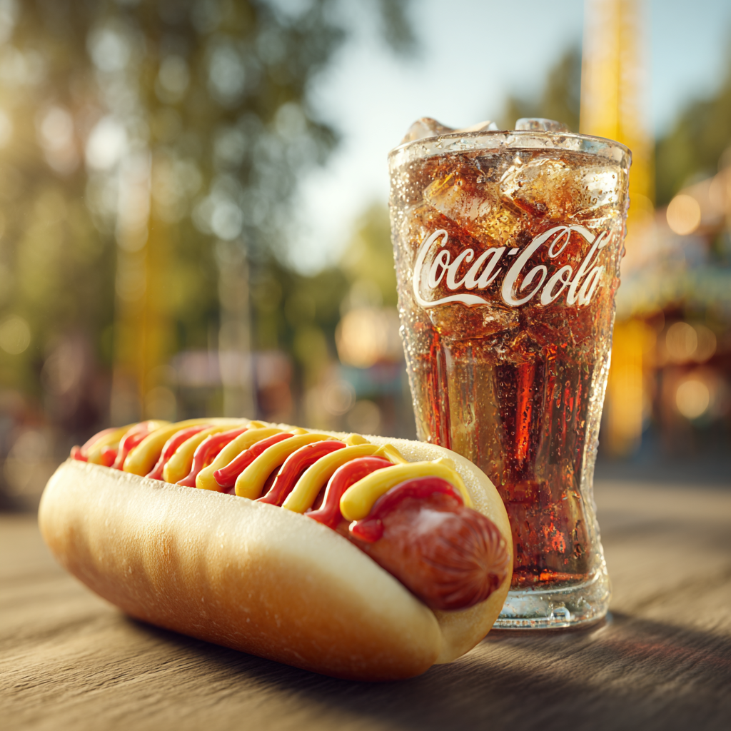 En pølse med sennep og ketchup ligger på et trebord ved siden av et glass iskald Coca-Cola, med en uskarp utendørs bakgrunn.