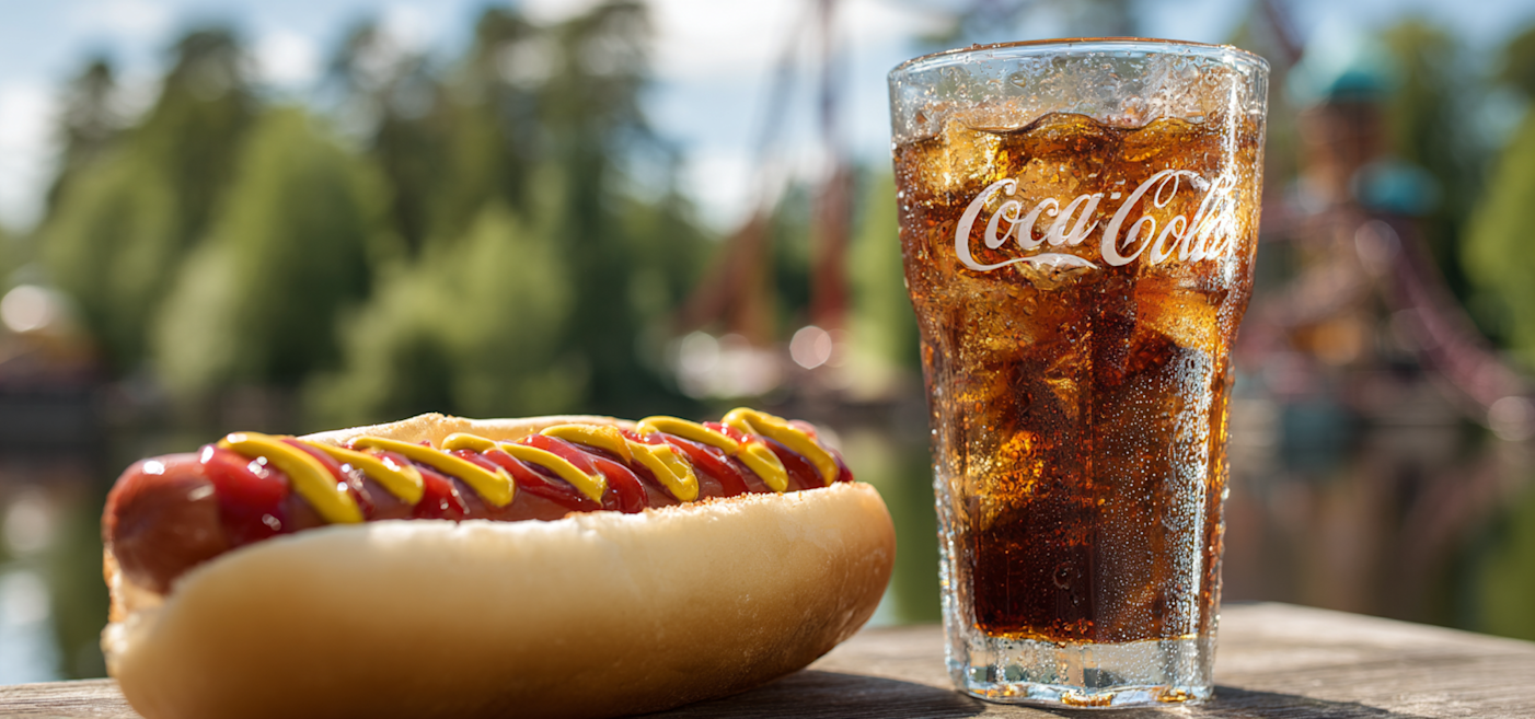 Ett glas Coca-Cola med is står bredvid en varmkorv med ketchup och senap på ett träbord utomhus, med suddiga träd i bakgrunden.