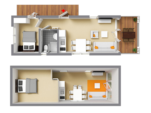 Planlösning för lägenhet i två plan med sovrum, badrum, kök, vardagsrum och matplats samt två utomhusdäck, med illustrerad möblering.