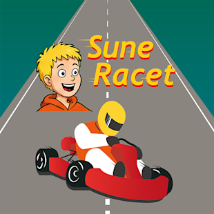 Teckning av en leende blond pojke med texten ”Sune Racet” ovanför en gokartförare på en grå väg med en vit streckad mittlinje.