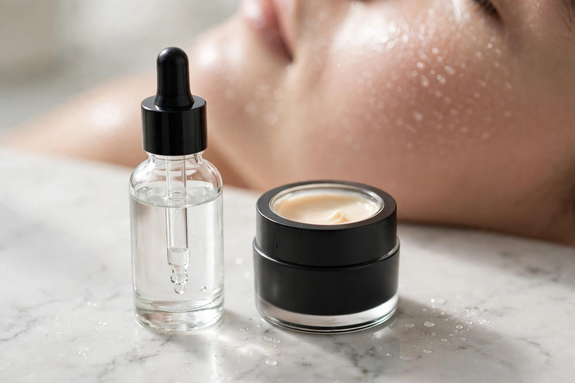 Skincare bottles showing how to layer hyaluronic acid and retinol together in a UK evening routine