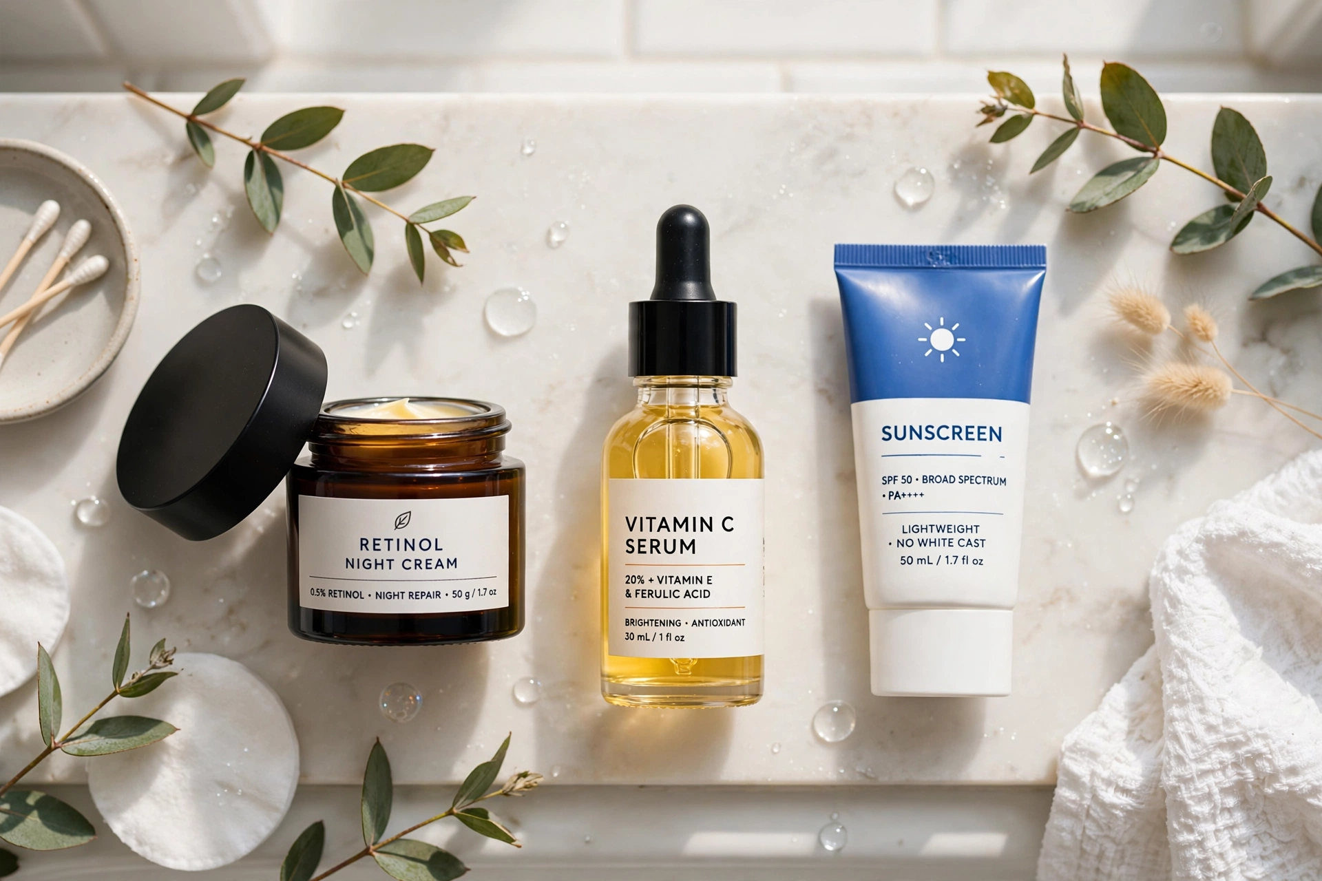 A flat lay of a retinol night cream and a vitamin C serum beside sunscreen on a bright bathroom shelf in the UK.