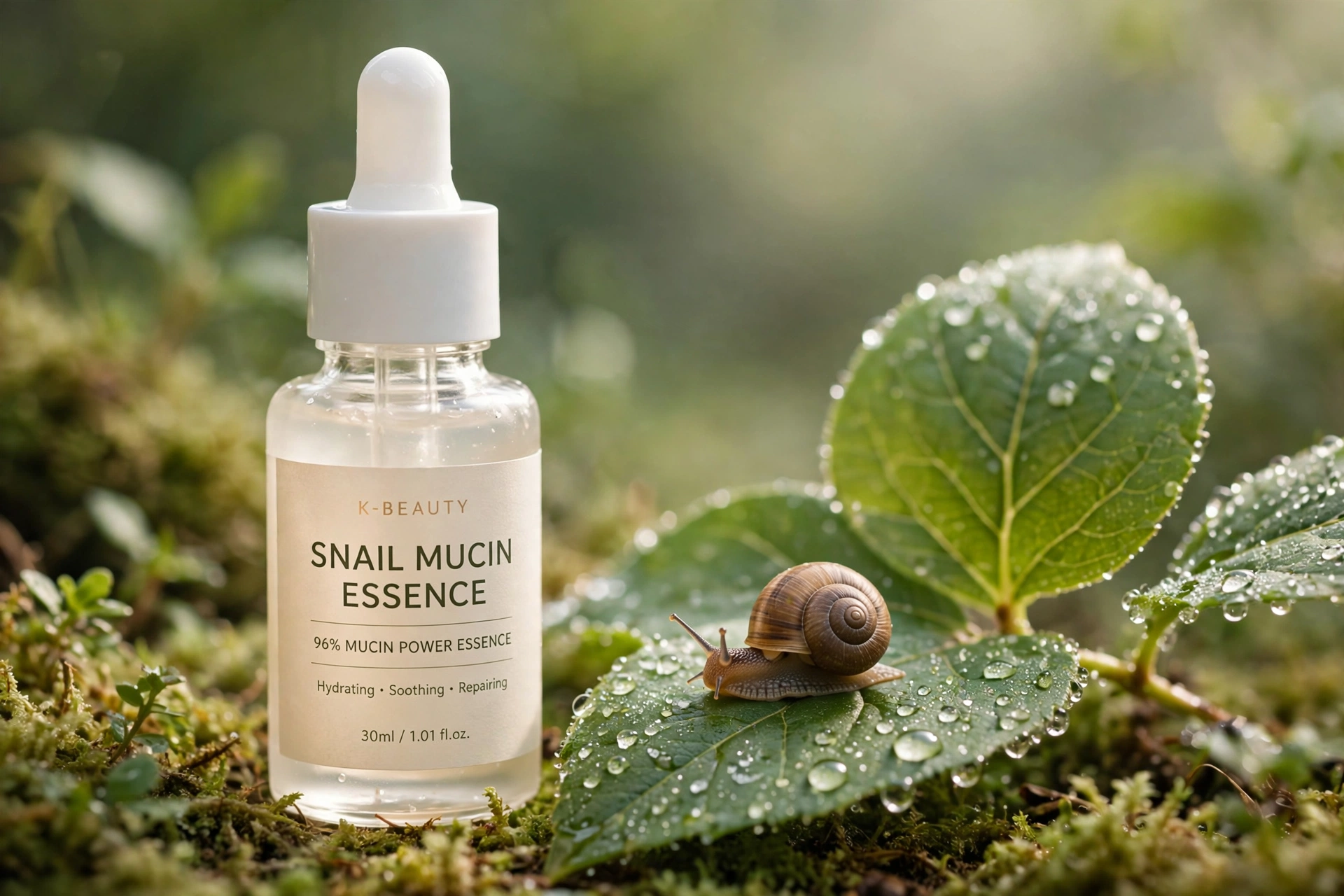 A glass bottle of snail mucin essence with a dewy texture swatch beside fresh green leaves on a pastel background
