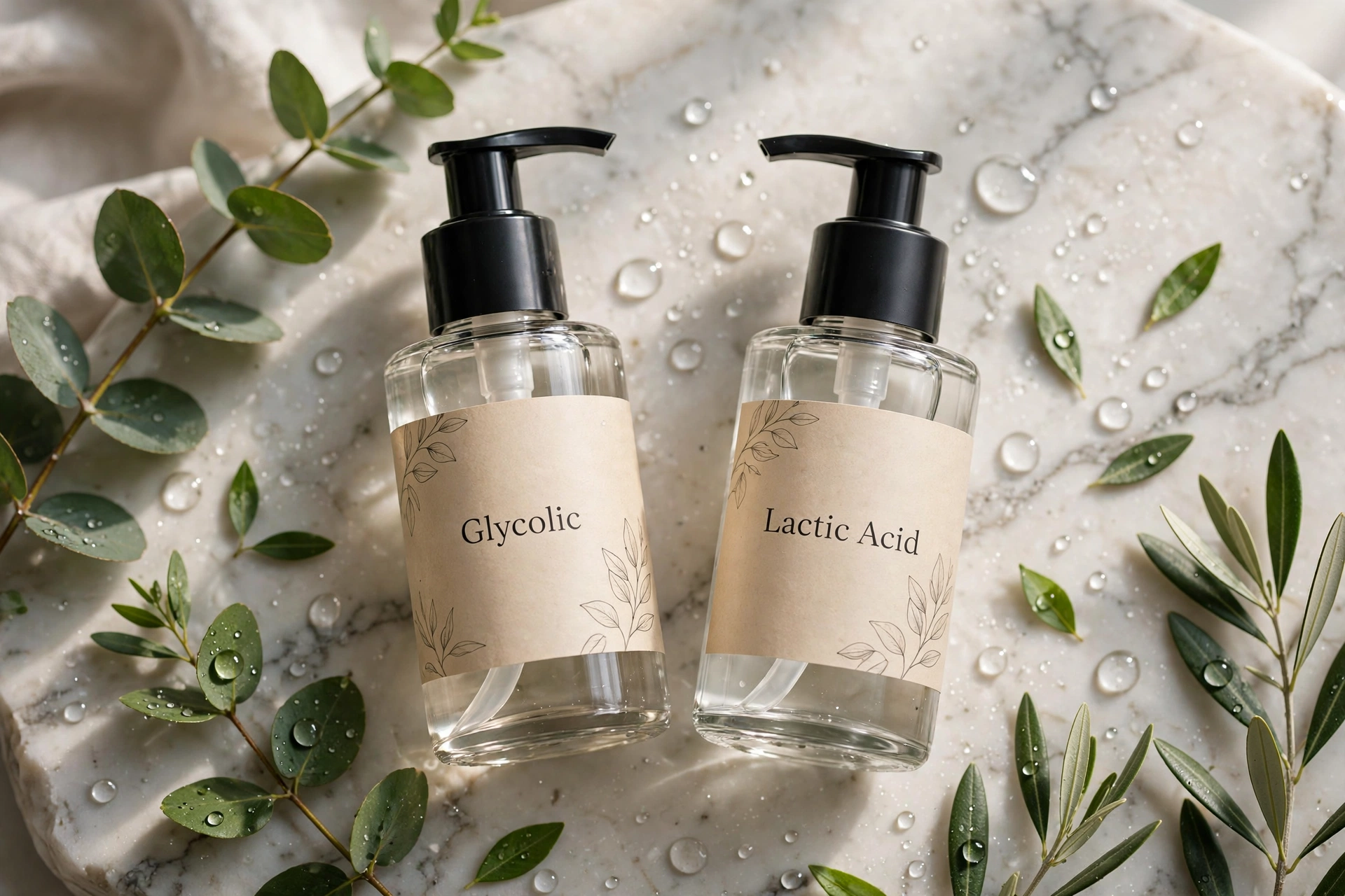 Glycolic acid vs lactic acid comparison guide showing AHA exfoliant bottles for UK skincare routines