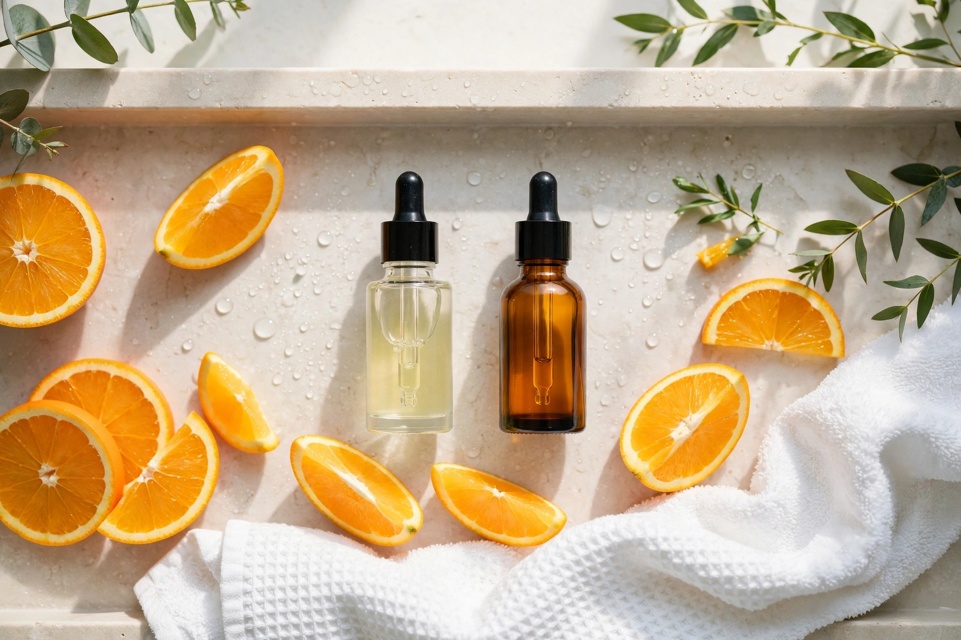 A flat lay of a glycolic acid toner and a vitamin C serum beside a moisturiser and sunscreen on a bright bathroom shelf.