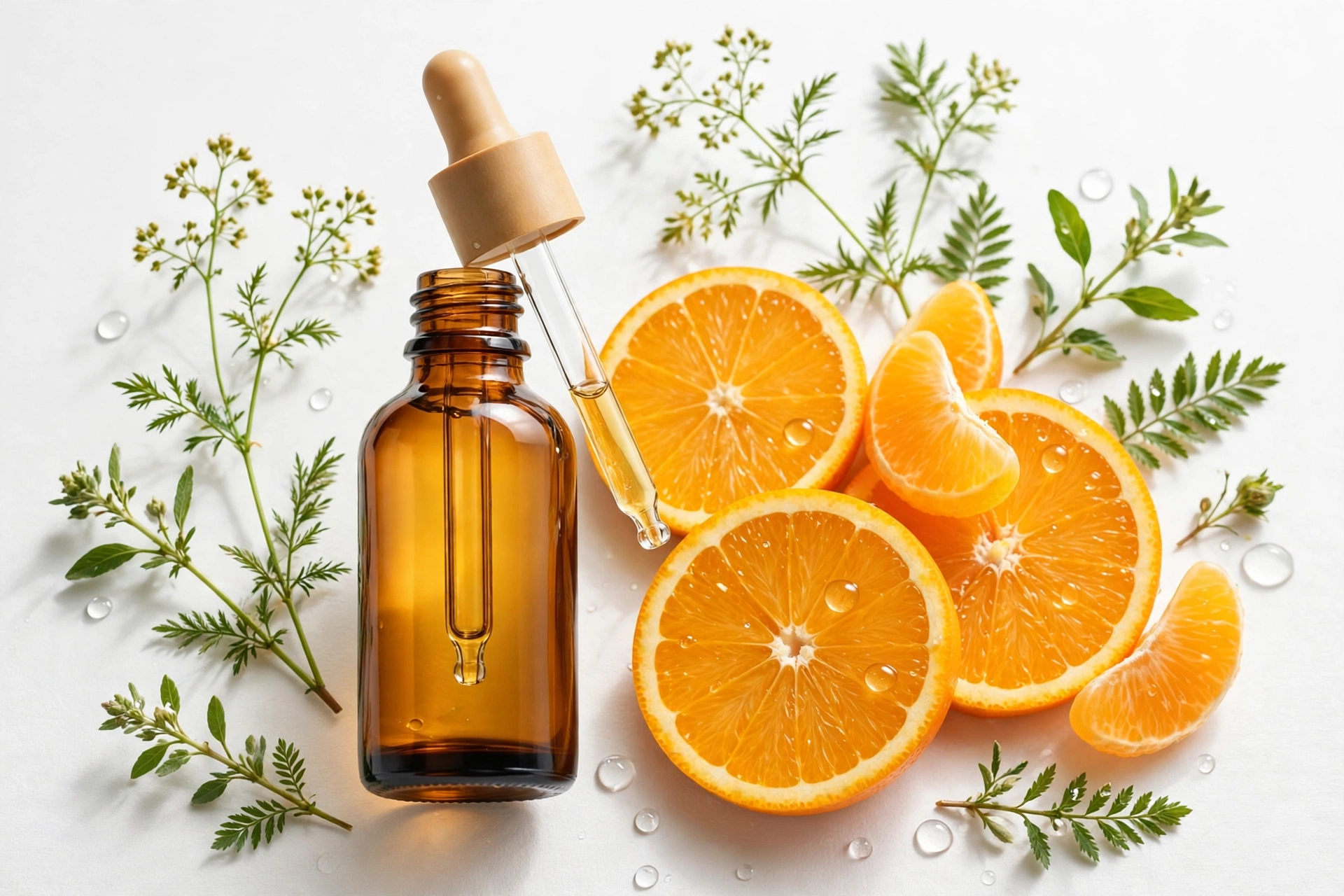 Glass bottle of ferulic acid and vitamin C serum on a bright UK bathroom shelf