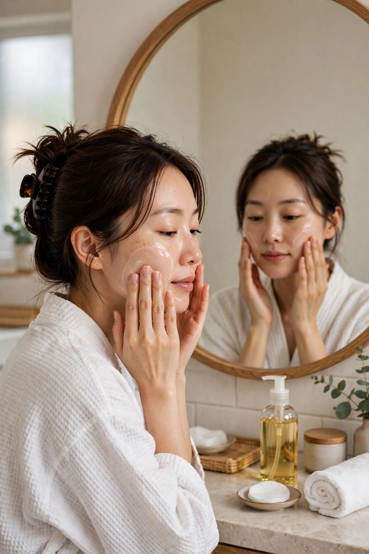 Woman double cleansing with oil cleanser and foam, K-beauty routine concept
