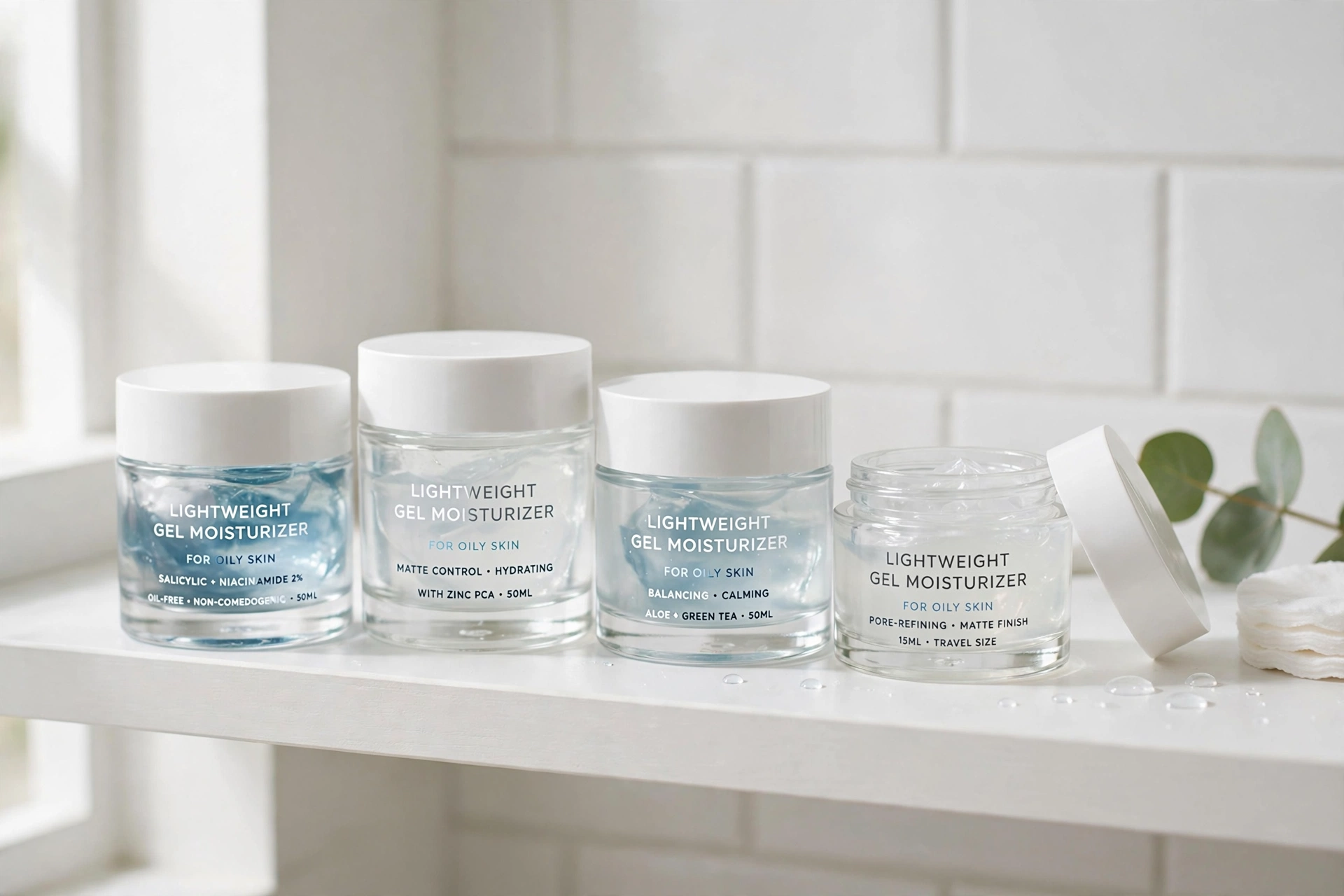A lineup of lightweight gel moisturizers for oily skin arranged on a clean white vanity next to a green leaf