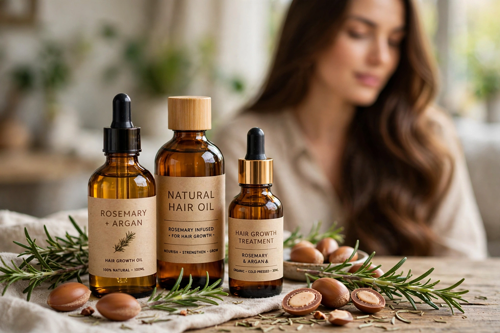 Bottles of natural hair oils with rosemary sprigs and a woman with long healthy hair