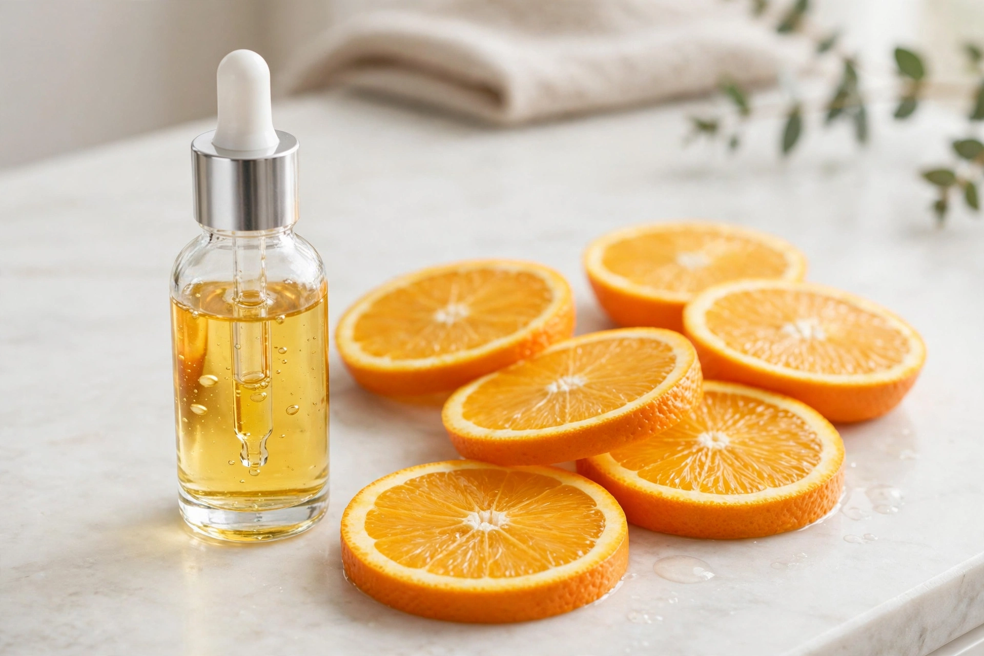 Vitamin C serum dropper bottle with orange slices and glowing skin concept