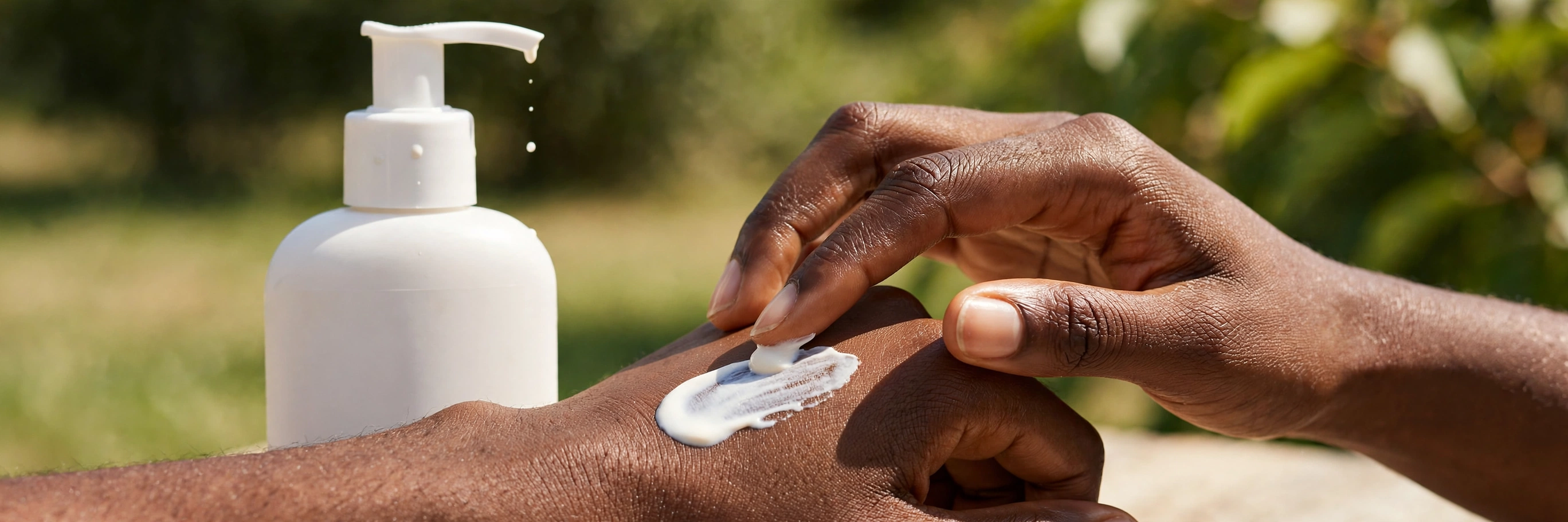 Close-up of a woman with deep brown skin applying a clear gel sunscreen that blends invisibly into her cheek, bright natural daylight, dewy finish