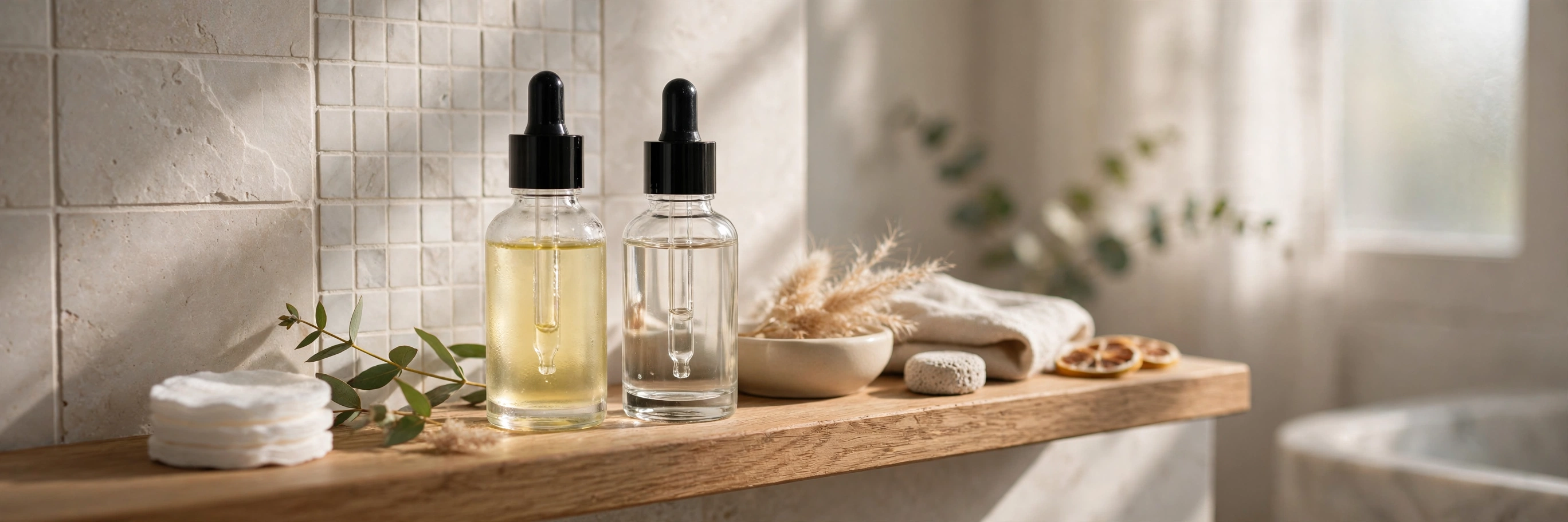 Close-up of amber vitamin C serum and niacinamide serum bottles beside fresh oranges on a bright bathroom shelf, soft natural daylight.