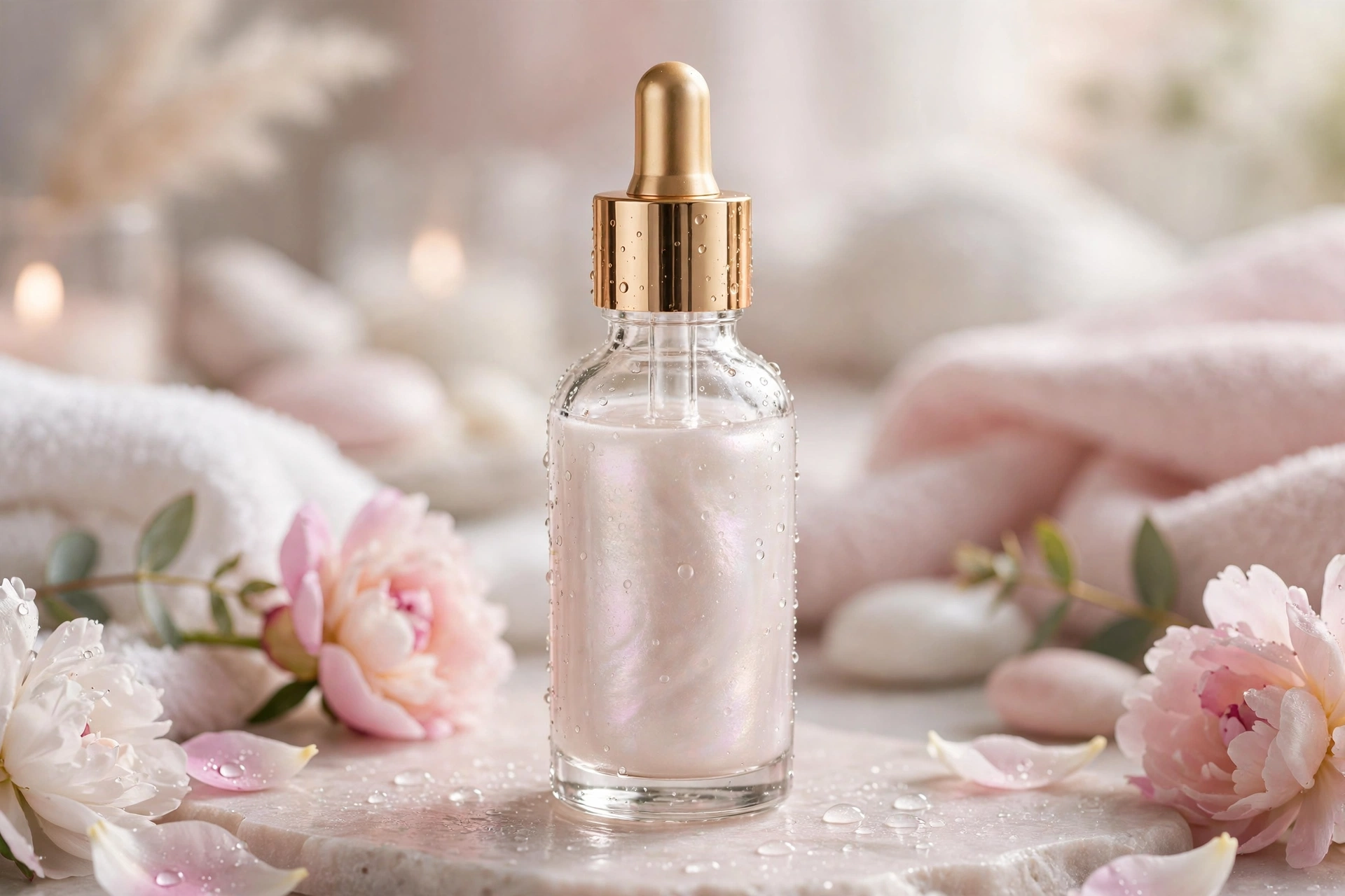 Dropper bottle of PDRN salmon DNA serum on a clean bathroom counter with fresh salmon-colored serum droplets