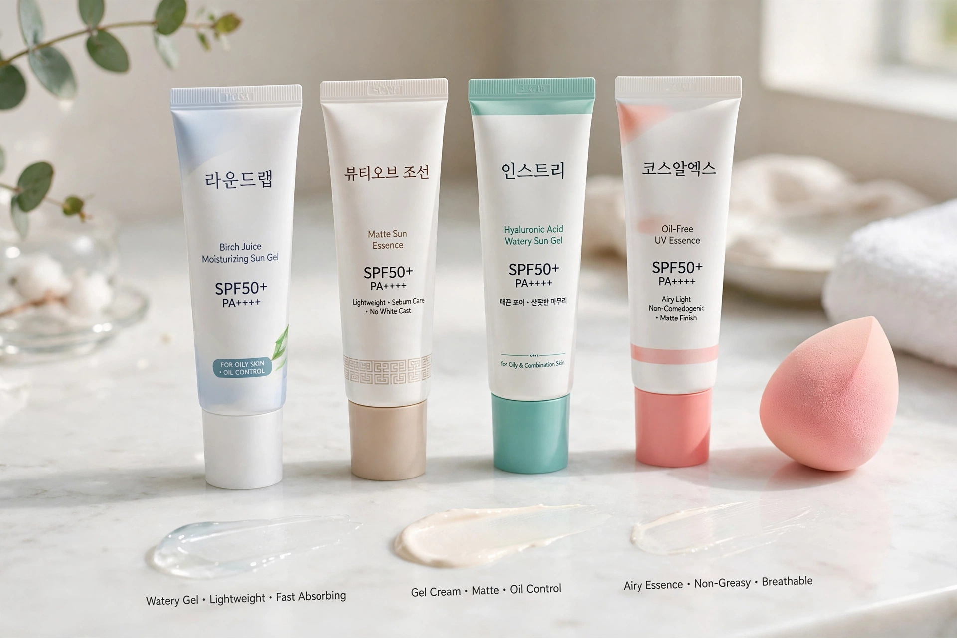 A lineup of slim Korean sunscreen tubes on a bright vanity beside a makeup sponge, showing lightweight textures for oily skin.