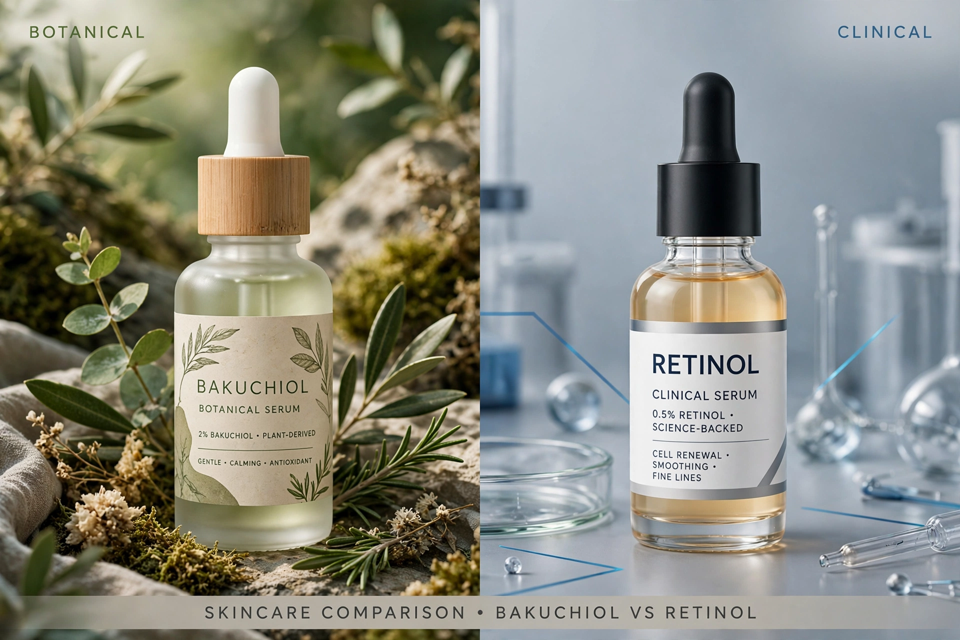 Two serum dropper bottles labeled bakuchiol and retinol side by side on a marble surface with soft natural lighting