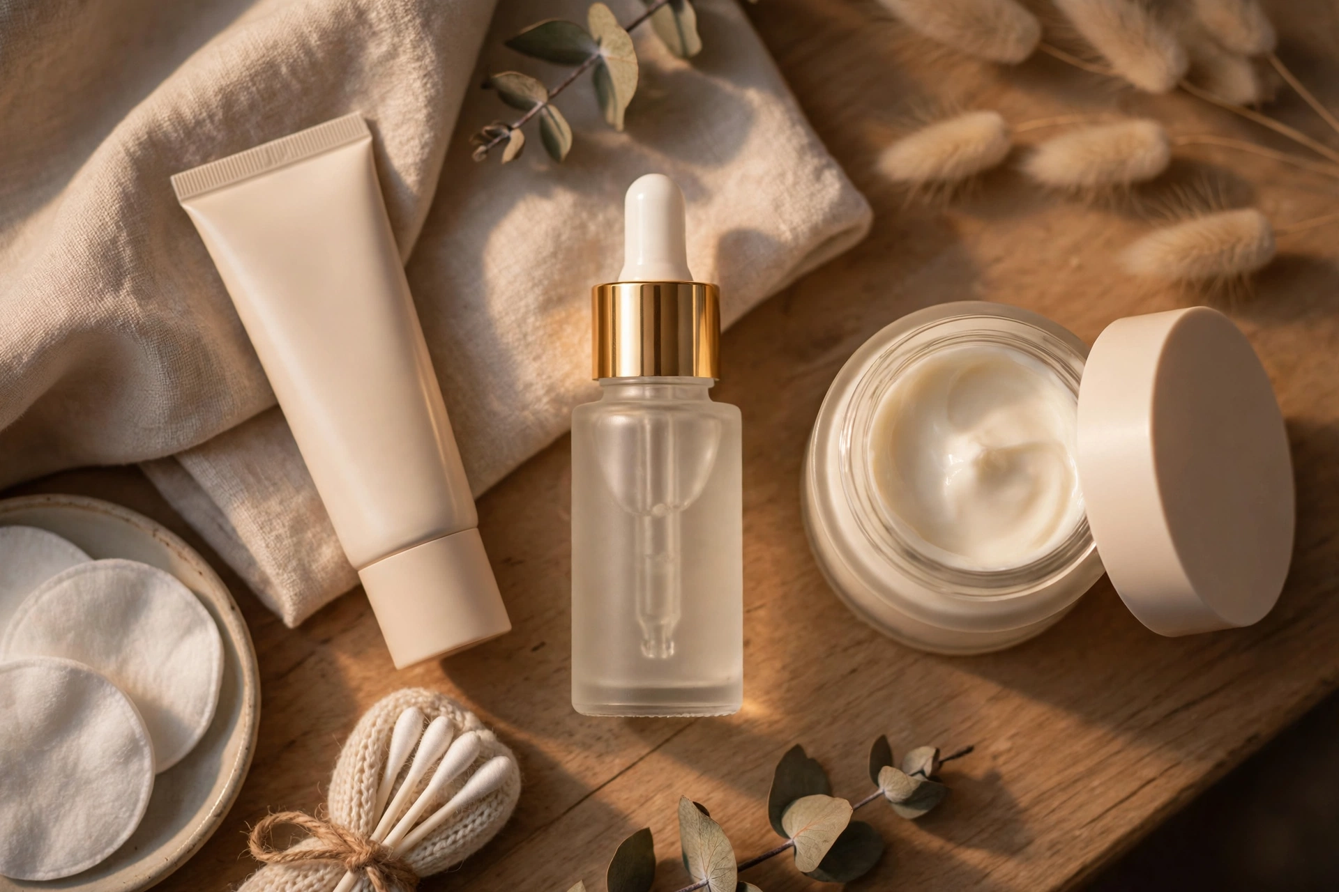 UK evening skincare routine showing retinol and niacinamide serums with a barrier moisturiser on a bedside table