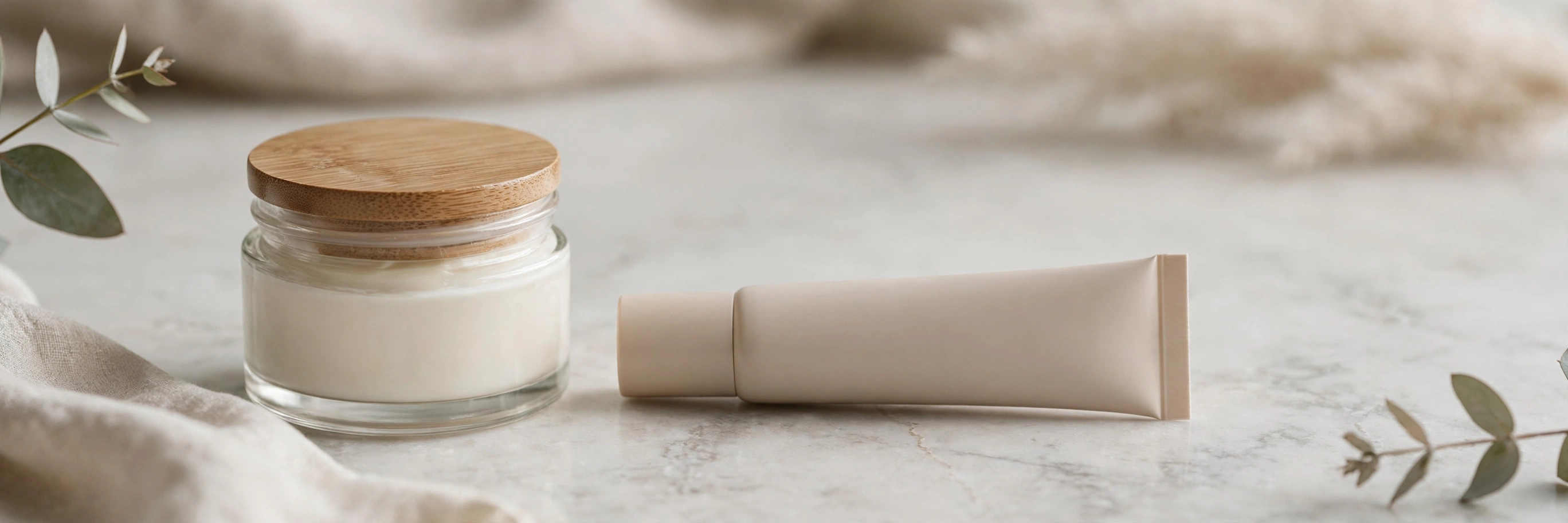 Flat lay of peptide cream and retinol serum bottles with price tags in pounds on a white vanity table beside a small UK flag pin.