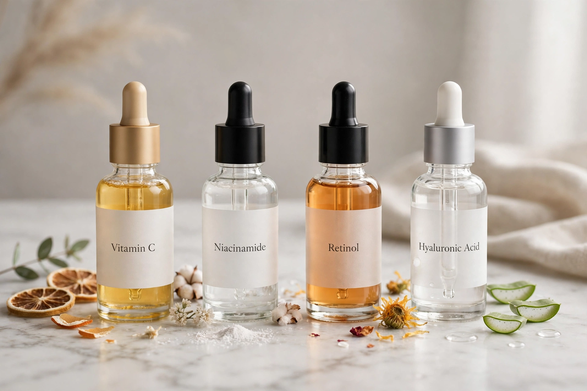 Flat lay of UK skincare serums and moisturisers showing safe ingredient layering combinations
