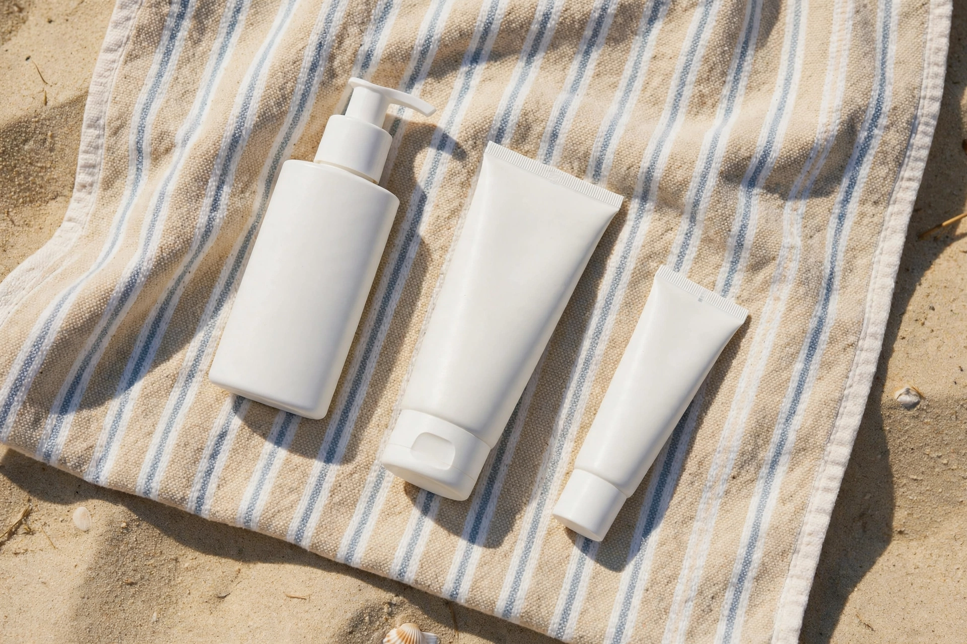 Sunscreen bottles and tubes on a beach towel in bright sunlight