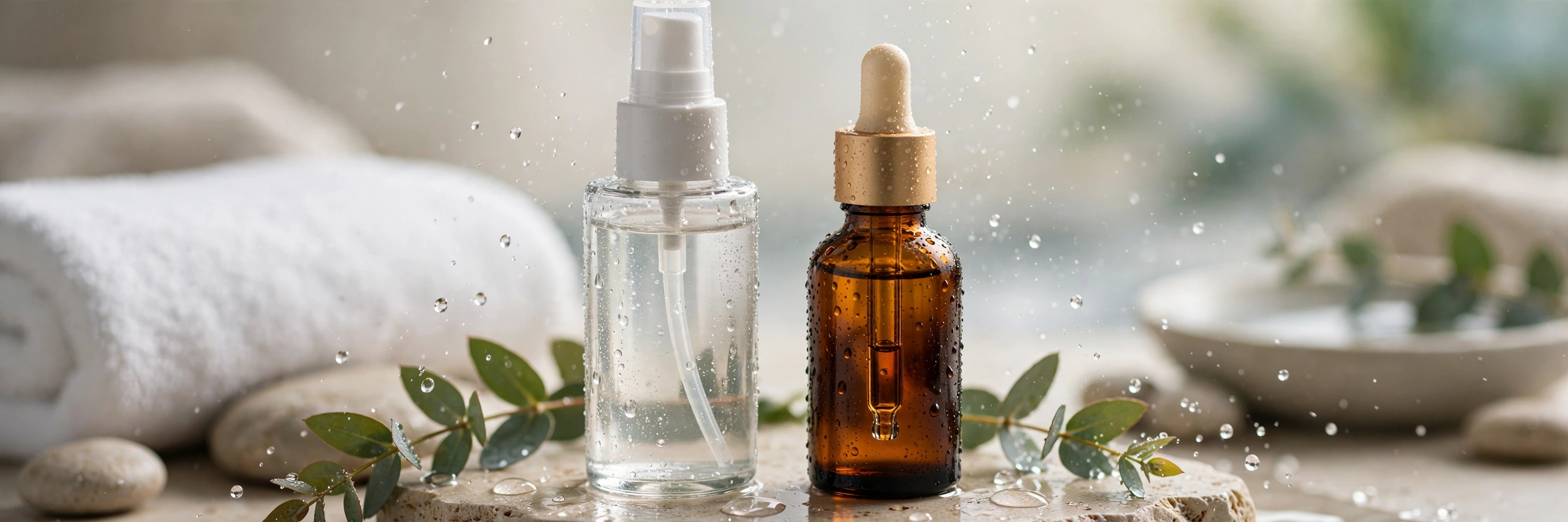 Close-up of a woman's glowing cheek beside skincare bottles of exfoliating acid toner and retinol serum on a bathroom shelf, soft morning light.