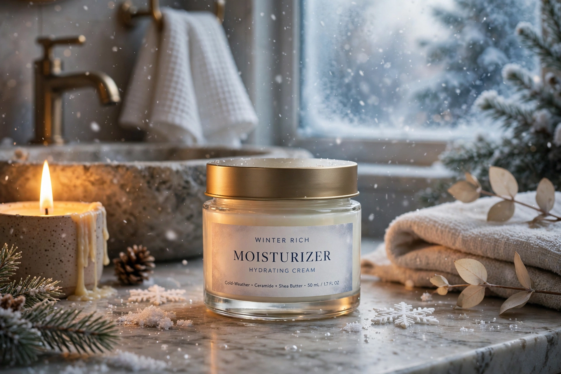 Woman applying rich moisturizer to her face in winter with glowing hydrated skin