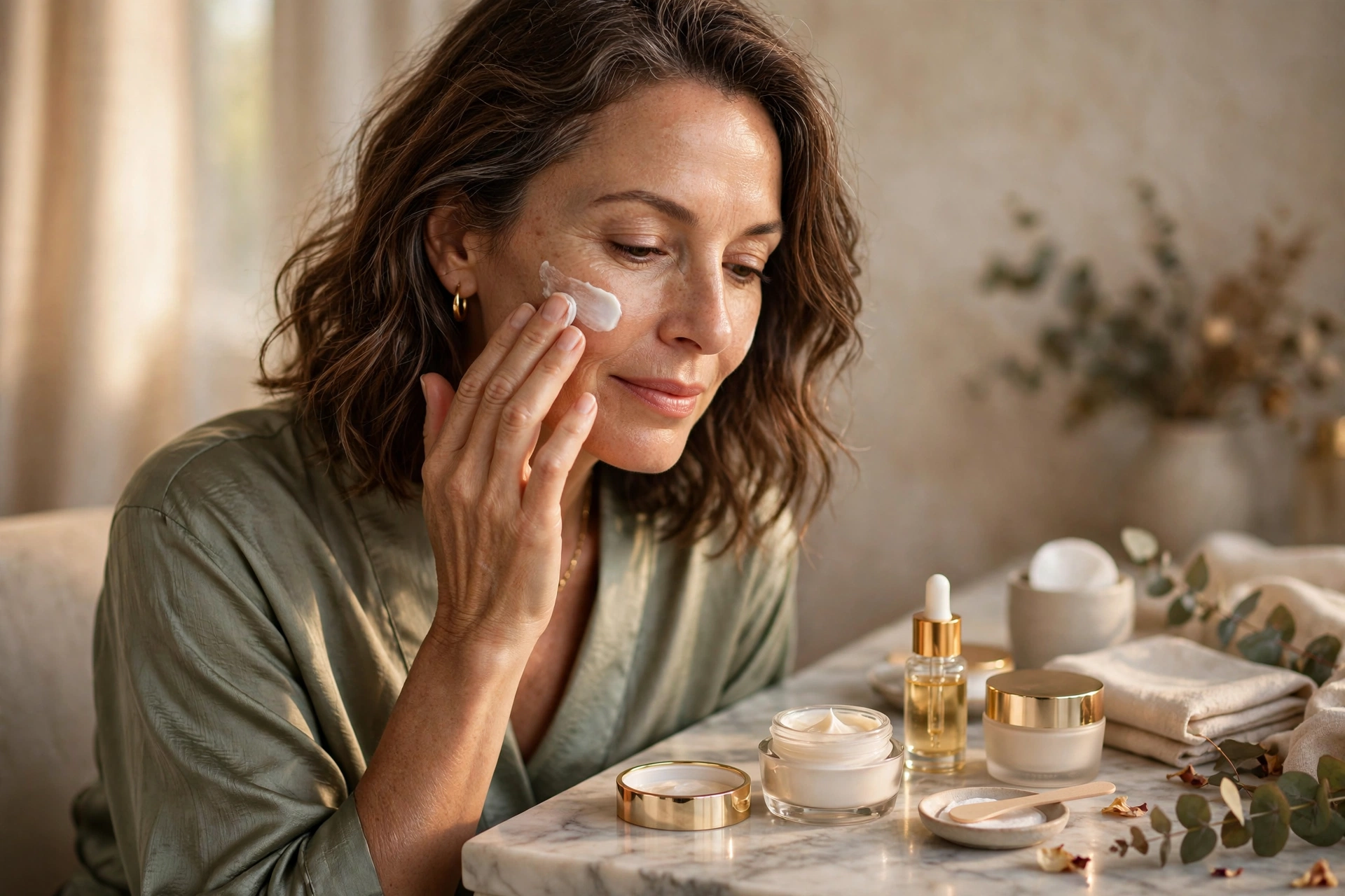 Skincare for women over 50 UK guide showing anti-ageing serums and moisturiser jars