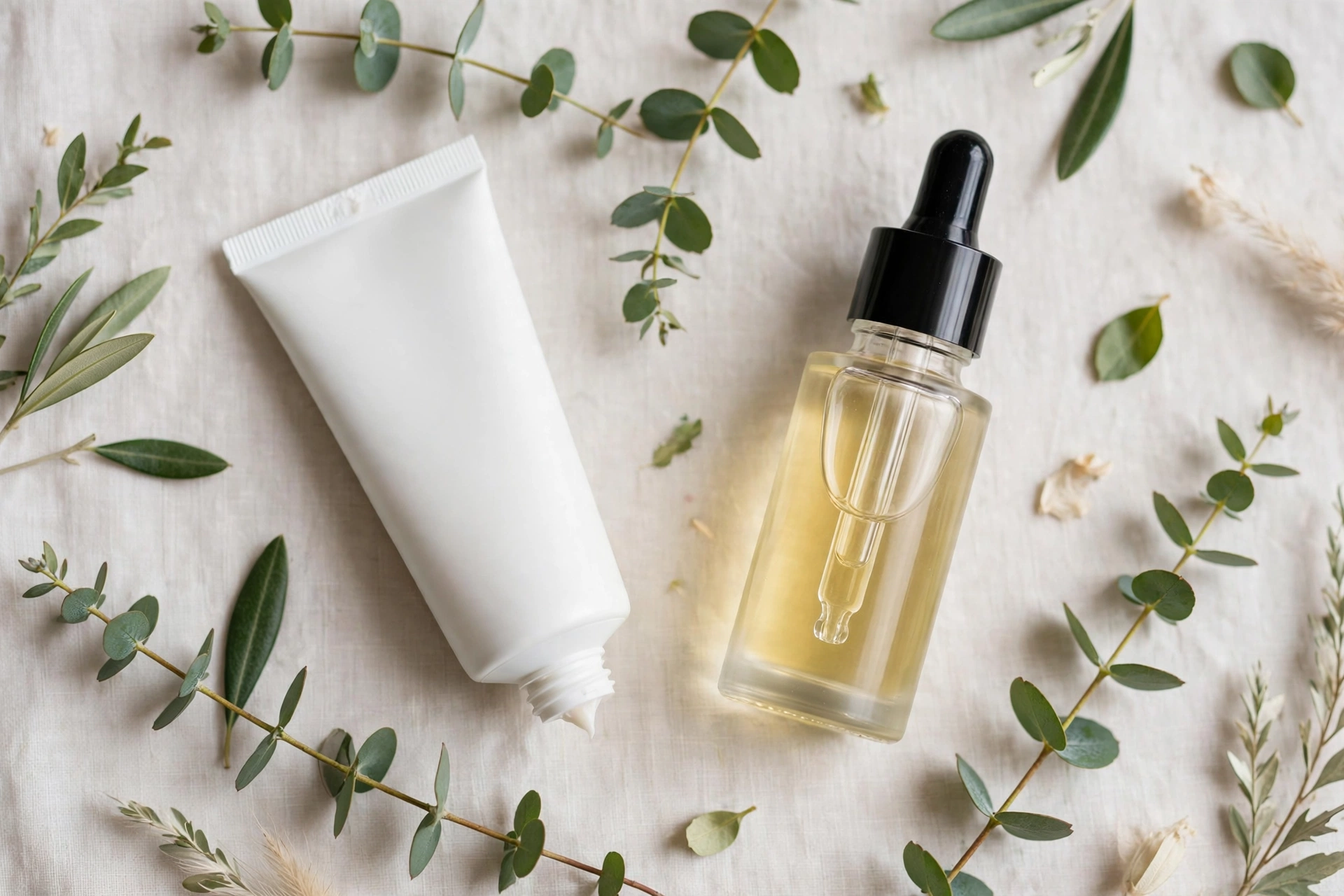 Azelaic acid cream and vitamin C serum side by side on a bright UK bathroom shelf with a green plant