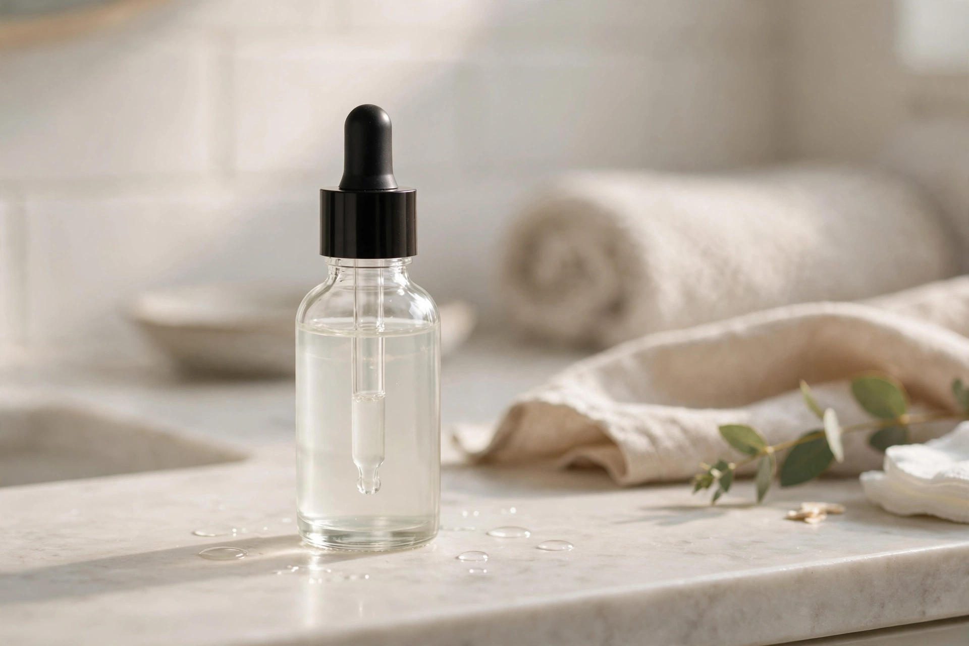 Dropper bottle of niacinamide serum beside a woman with clear glowing skin