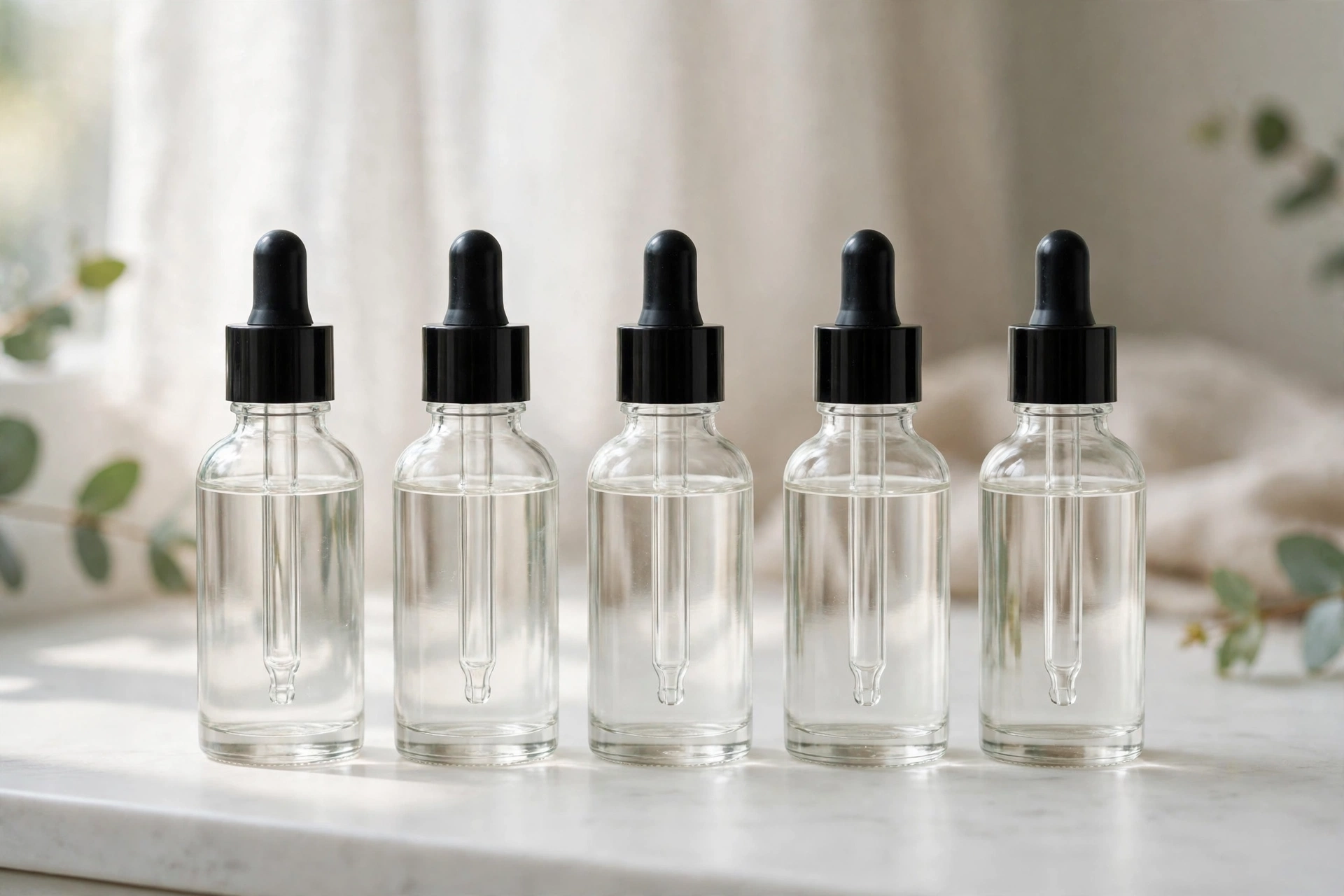 Niacinamide serum dropper bottles arranged on a marble surface with soft lighting