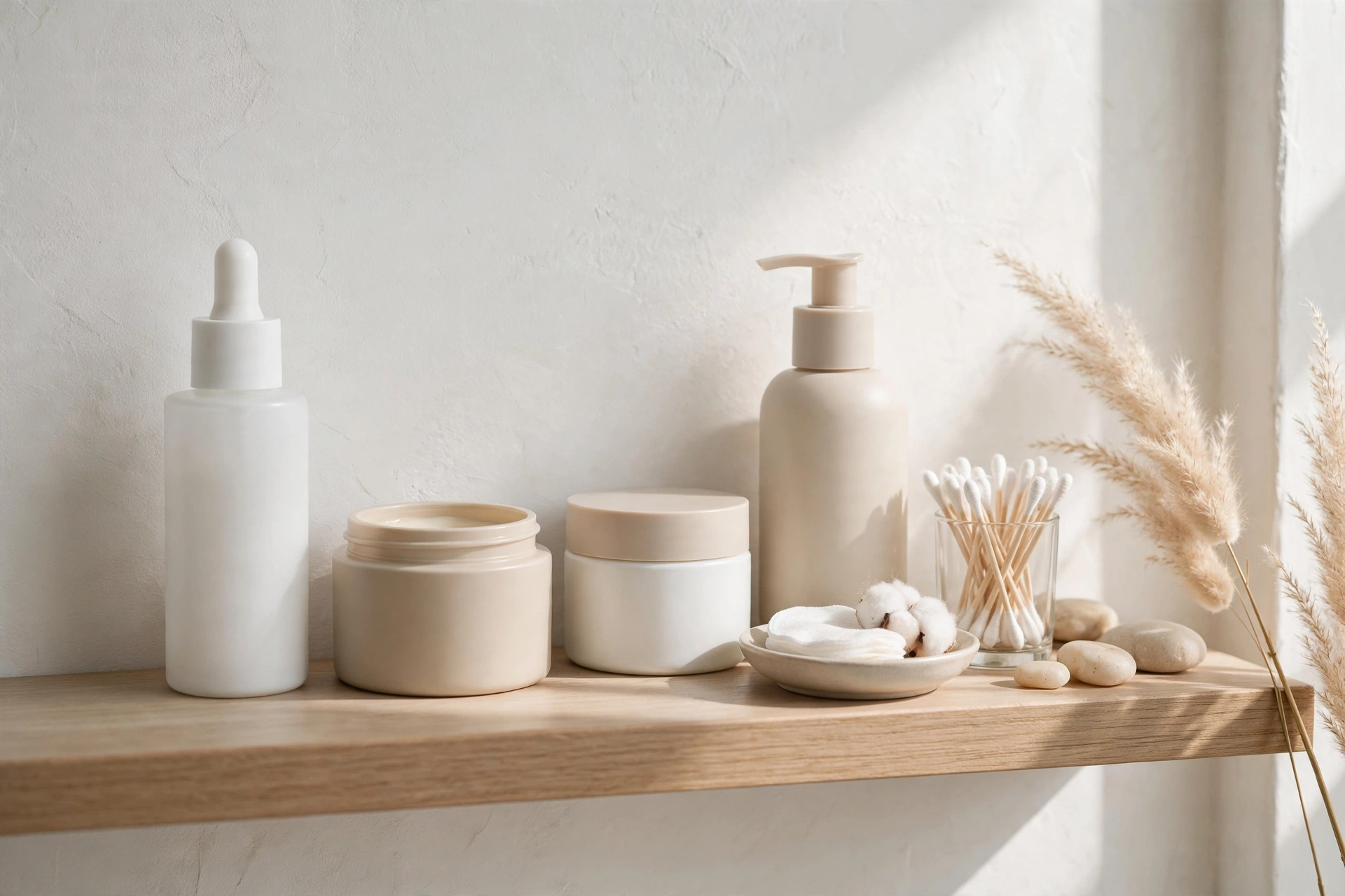 Fragrance-free cleansers, moisturizers and sunscreens arranged on a clean bathroom shelf for sensitive skin