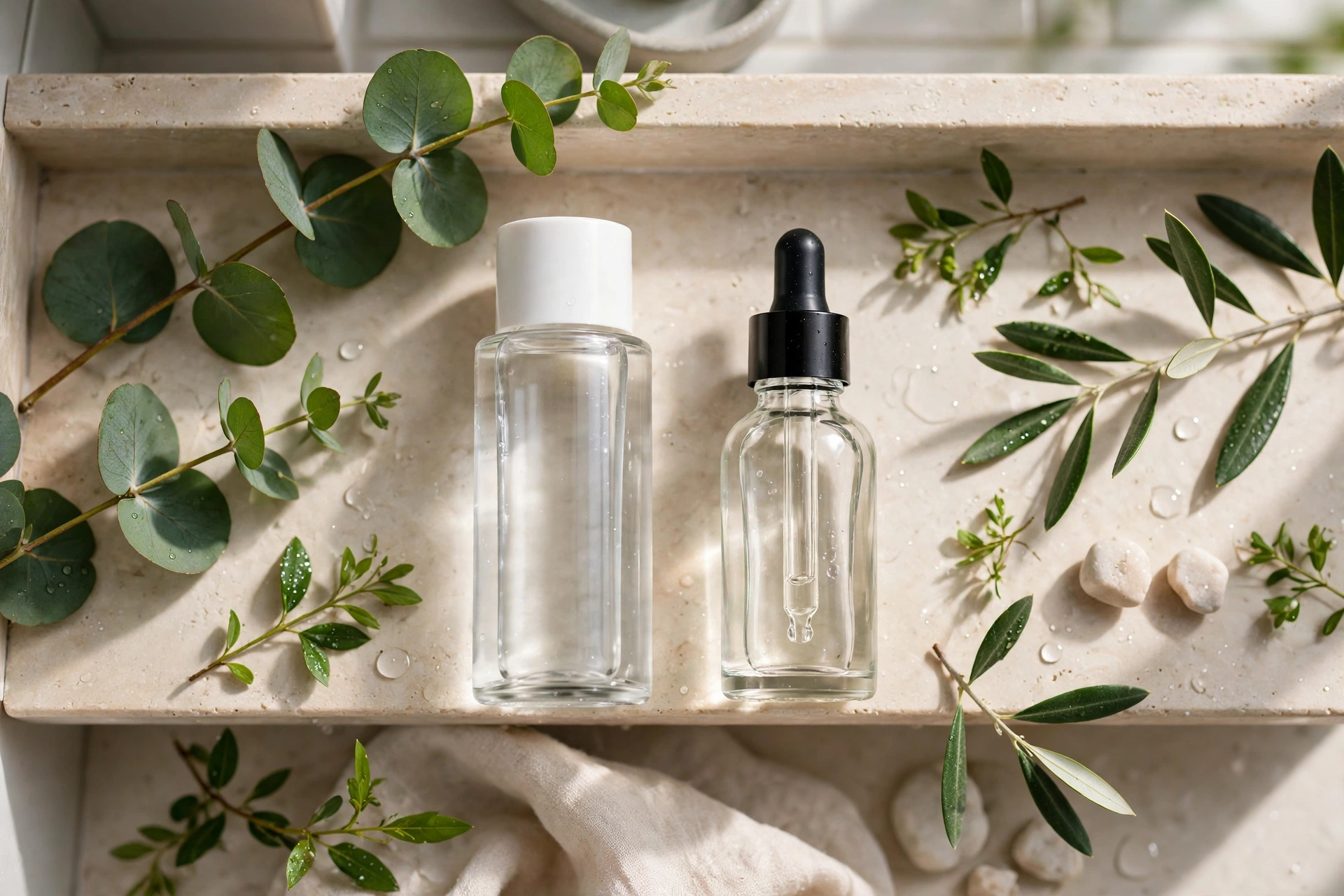 Woman applying glycolic acid toner and niacinamide serum in a UK skincare routine