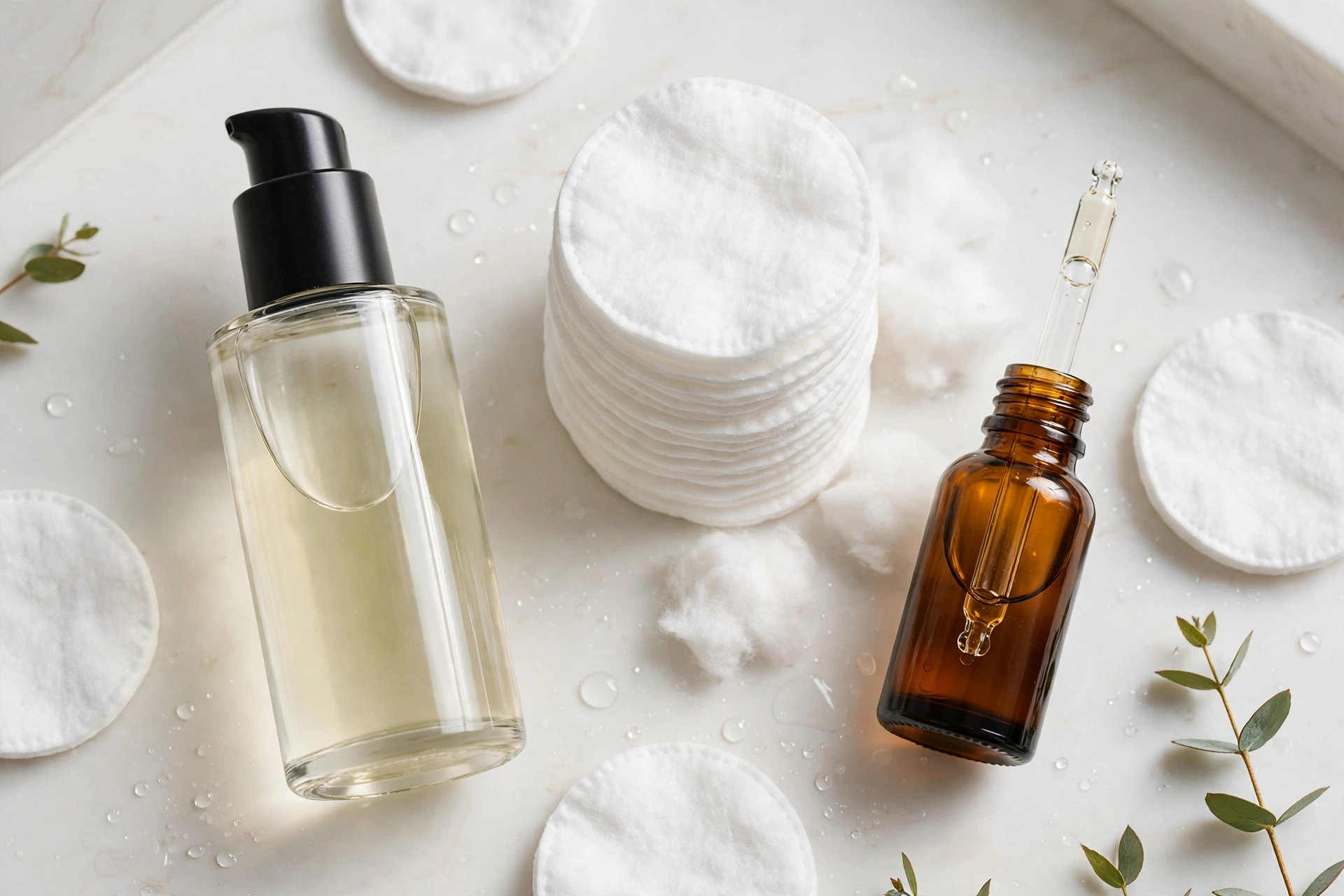Skincare shelf with AHA exfoliant, BHA liquid and retinol serum arranged for a UK evening routine