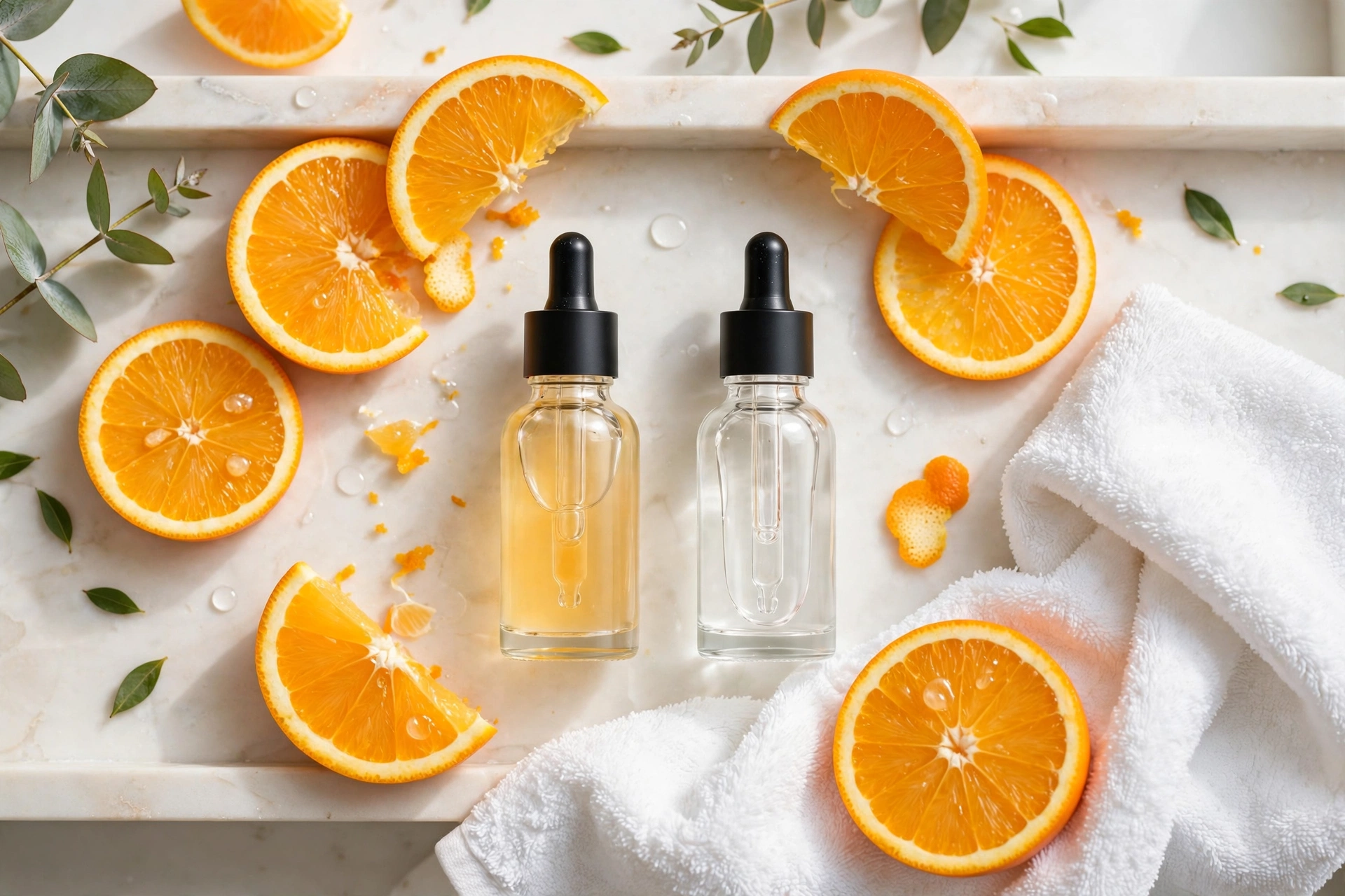 UK skincare flat lay showing niacinamide and vitamin C serums side by side on a bathroom shelf