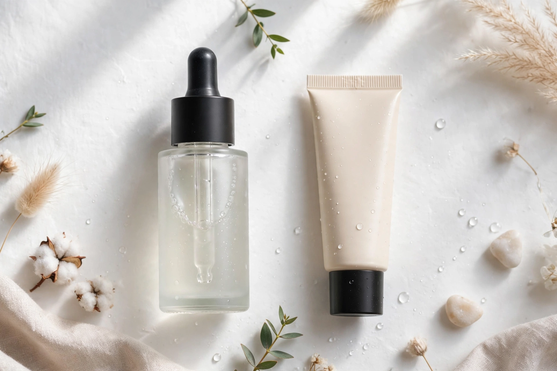 Beginner skincare shelf in the UK with peptide serum and retinol cream side by side