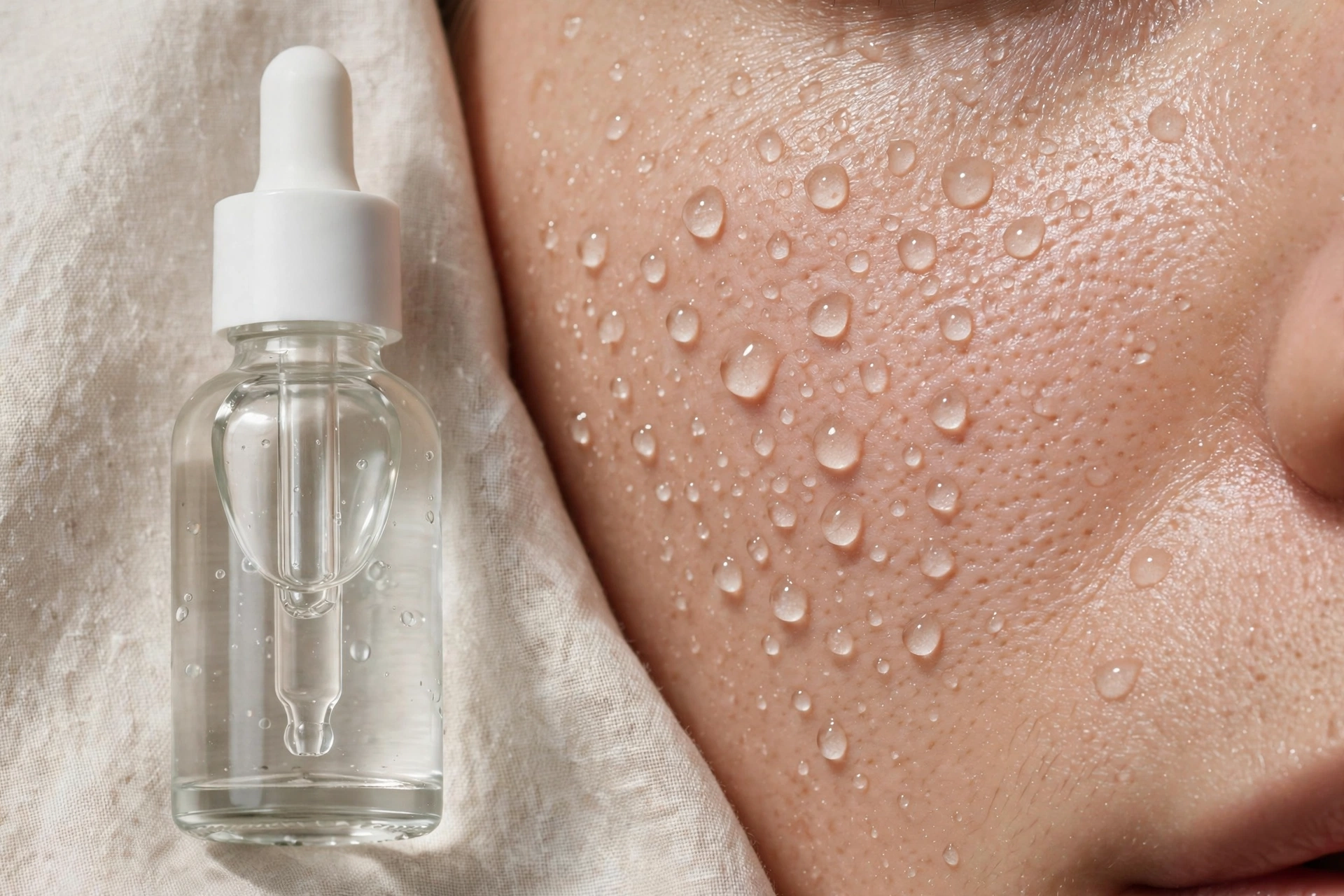 Salicylic acid BHA exfoliant bottle with clear skin close-up concept