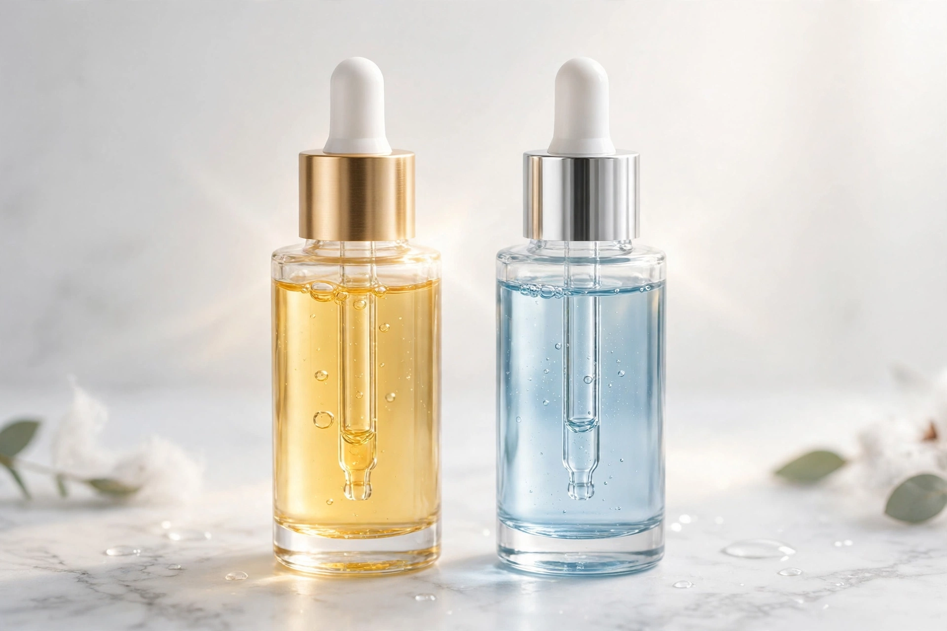 Skincare flat lay showing niacinamide and tranexamic acid serums for brightening dark spots on a UK vanity