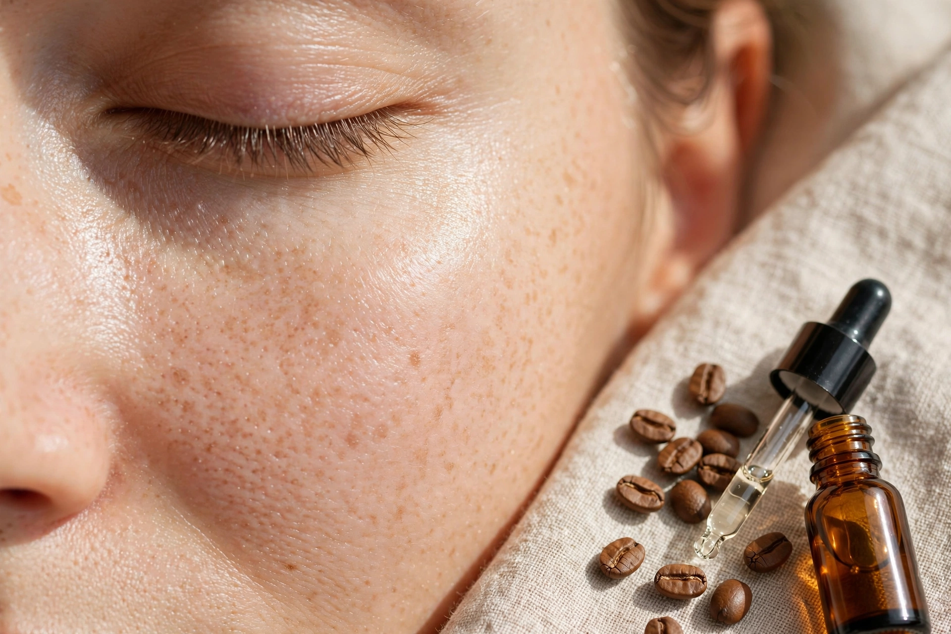 Caffeine eye serum bottle beside coffee beans with a close-up of bright, refreshed under-eye skin
