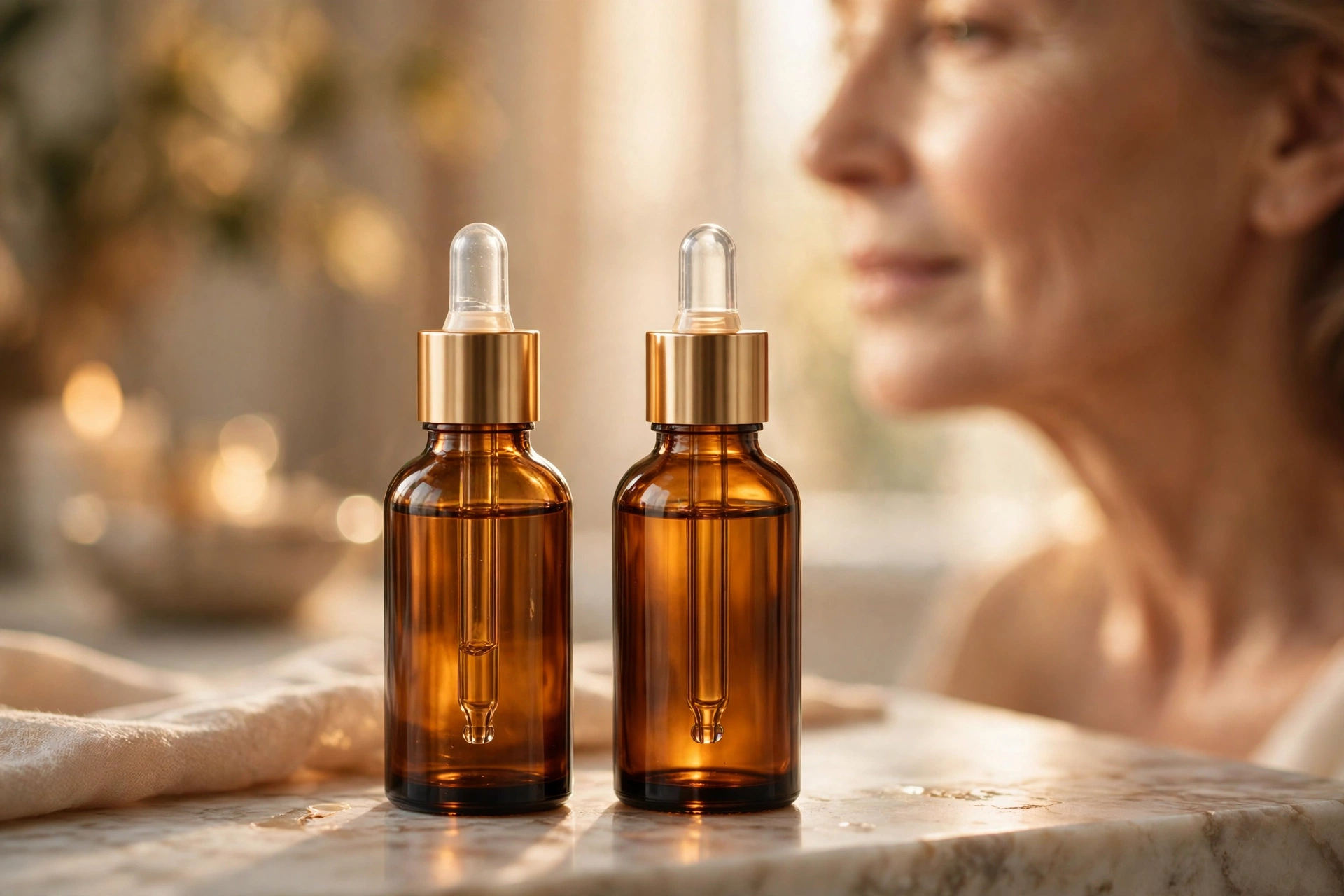 Skincare serums in amber dropper bottles, concept for retinal vs retinol comparison for wrinkles