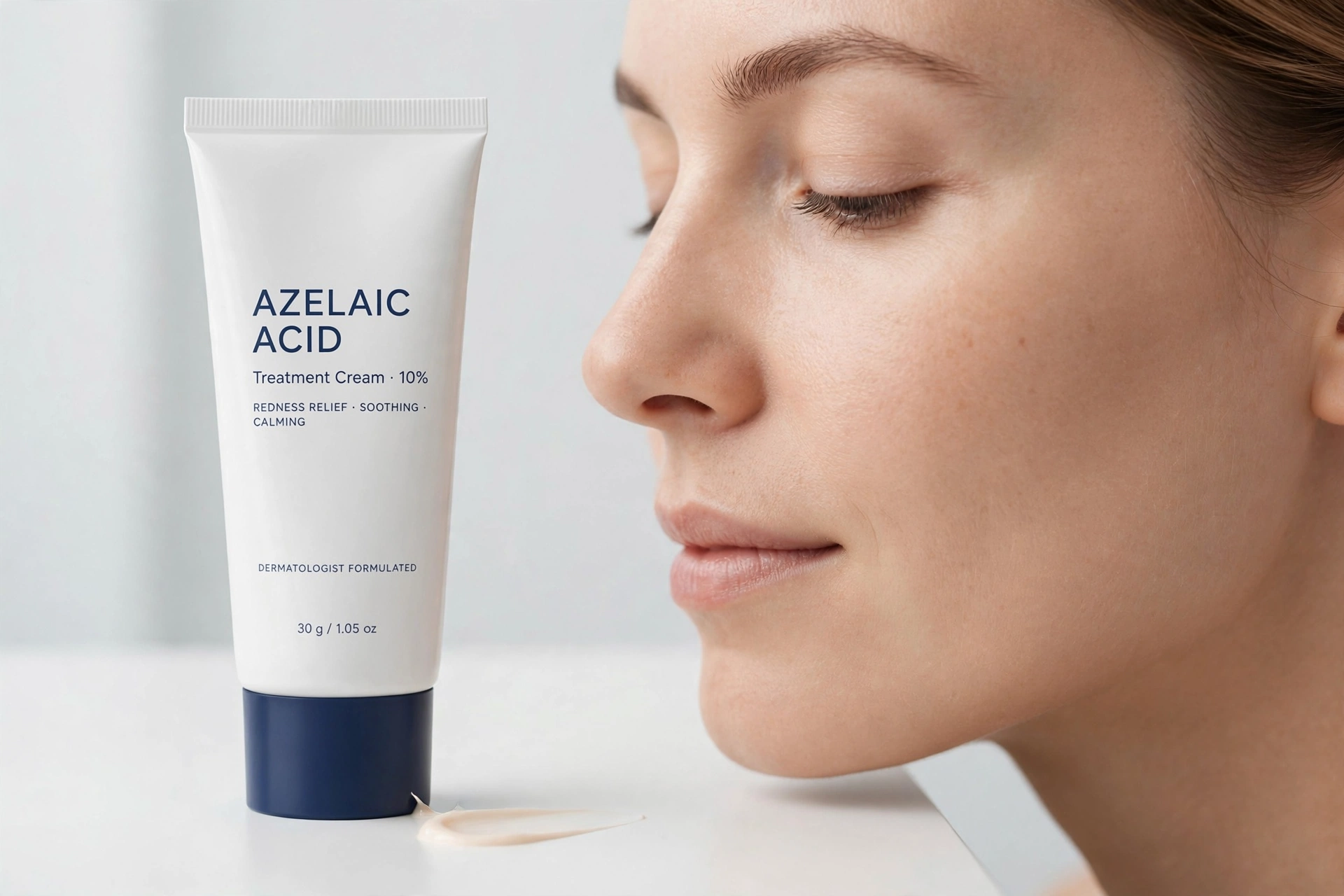 Close-up of calm clear skin with a dropper bottle of azelaic acid serum beside it