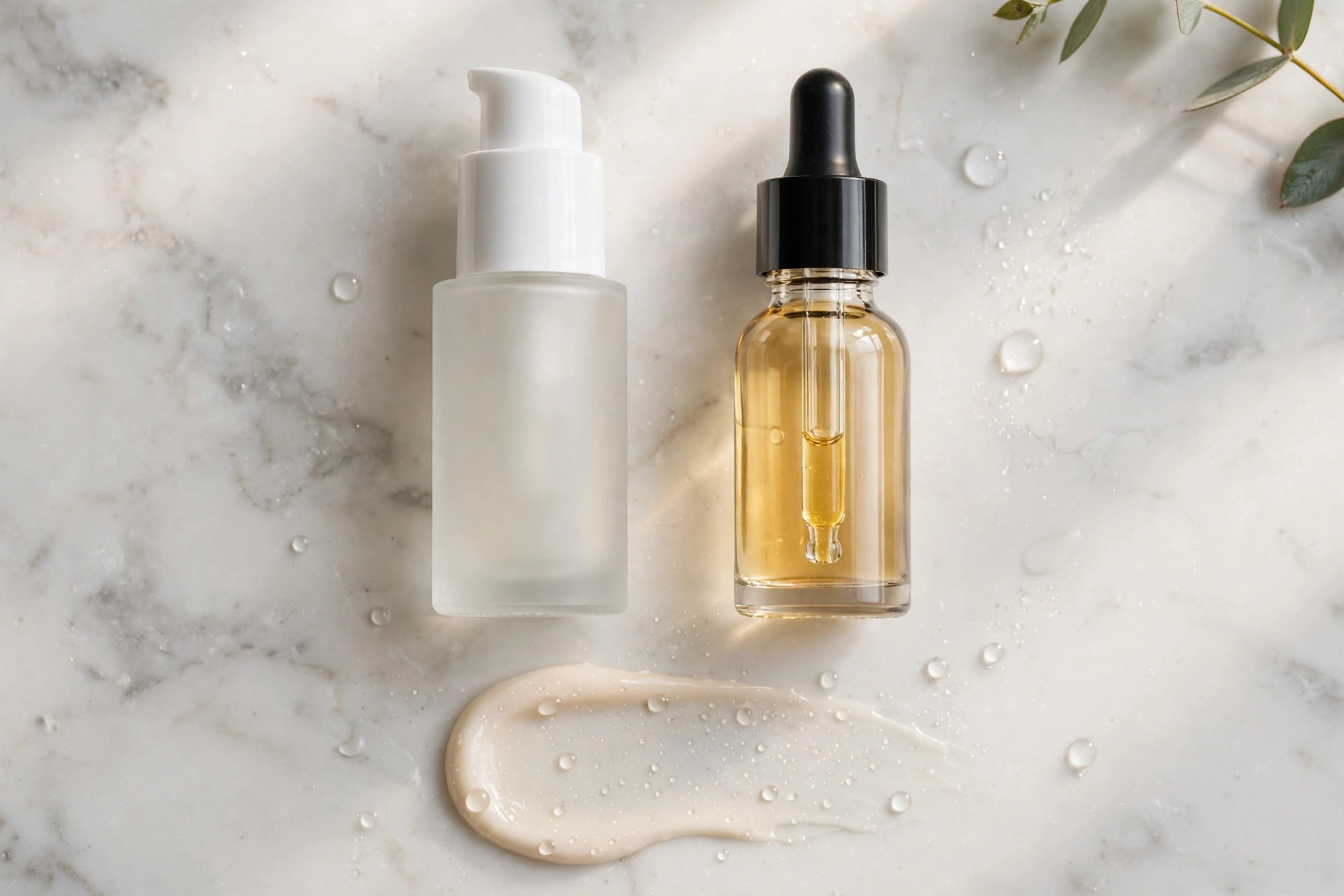 Close-up of azelaic acid and vitamin C serum bottles on a bathroom counter for a UK skincare layering guide