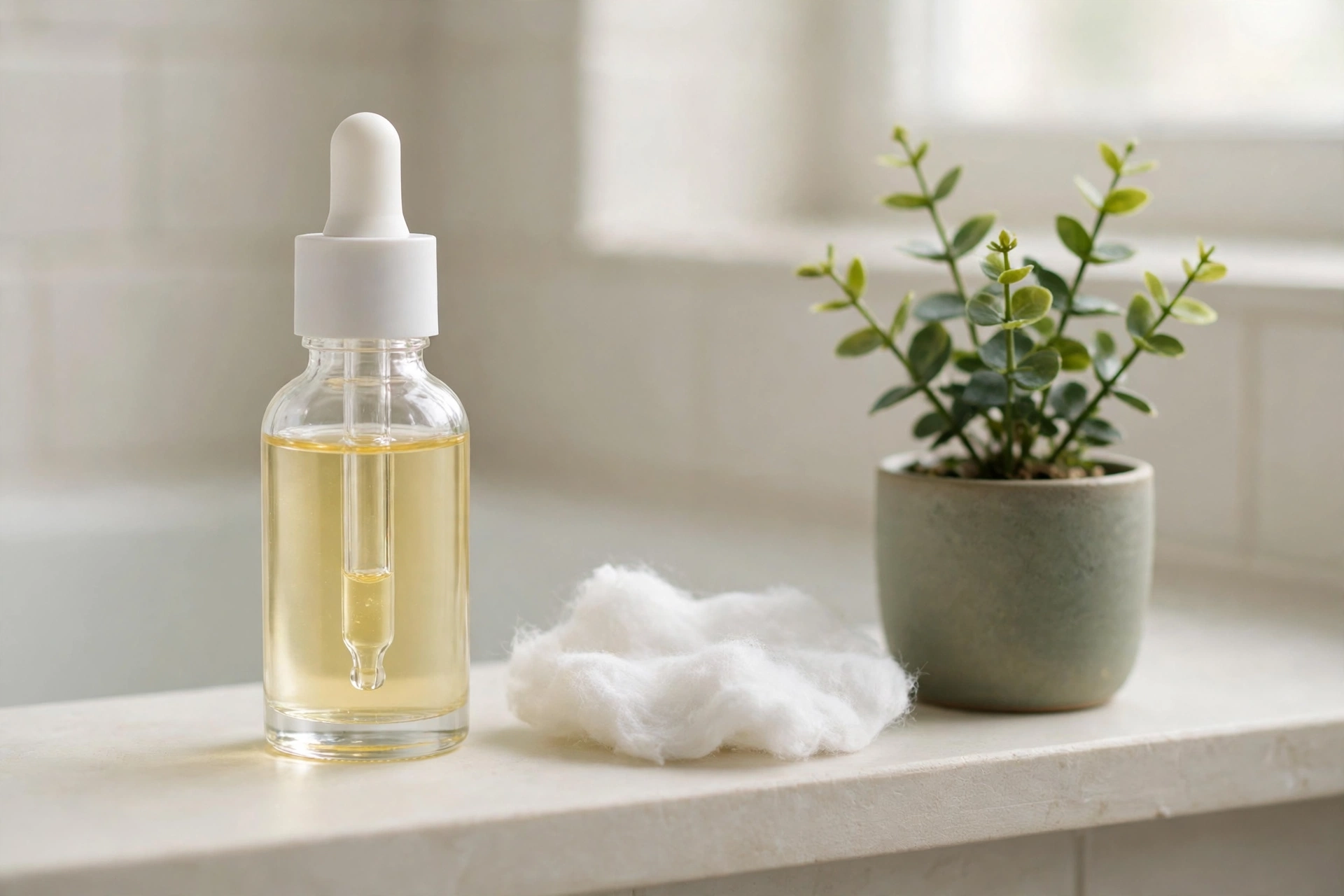 Gentle vitamin C serum bottle for sensitive skin on a bathroom shelf in the UK