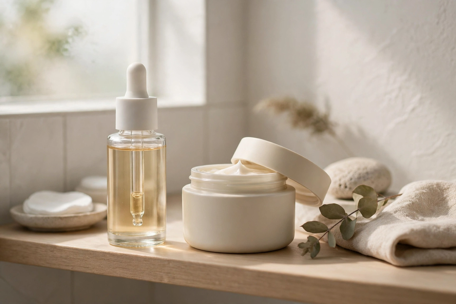 Woman over 50 applying a gentle retinol serum to her face in a bright bathroom mirror