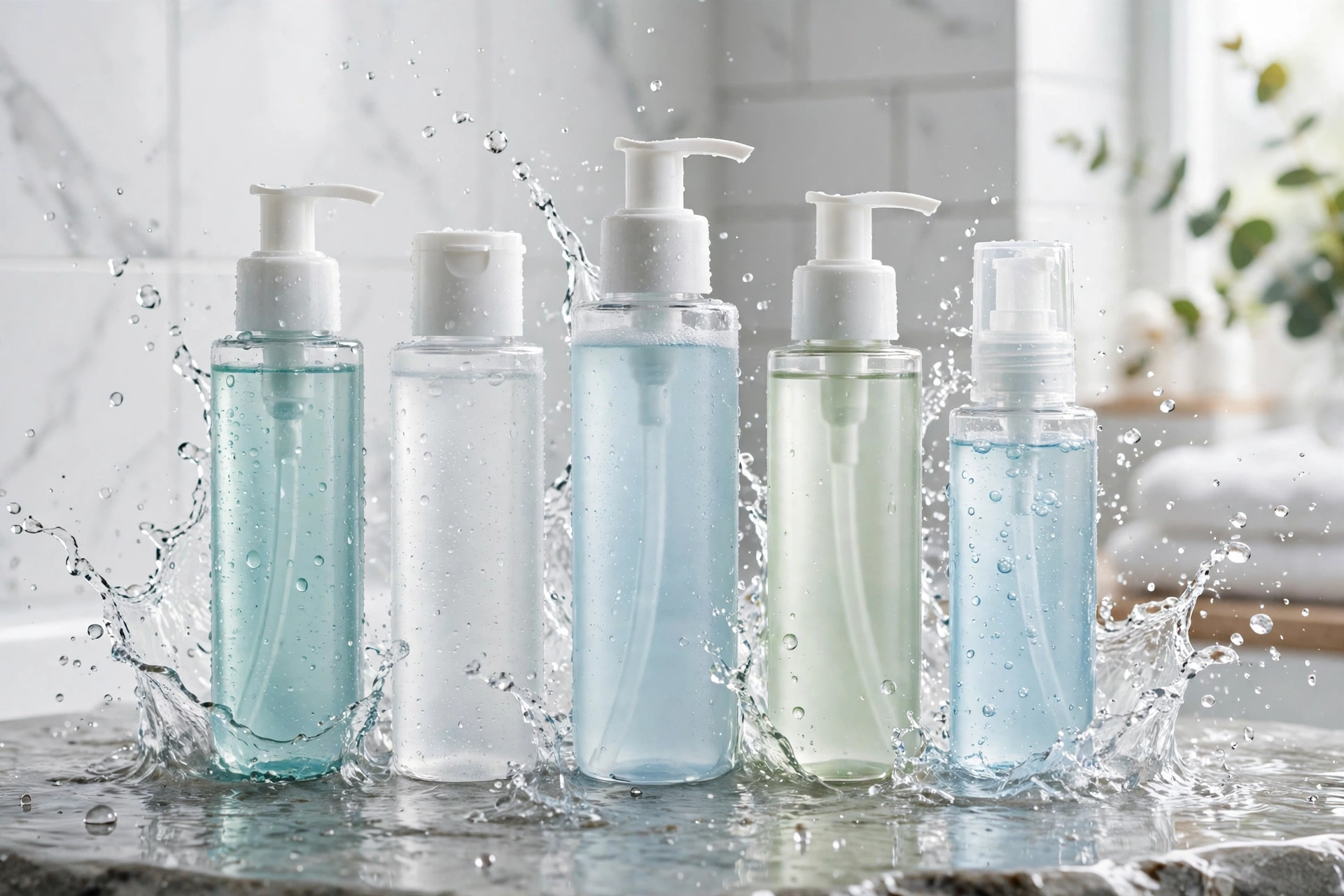 Ten salicylic acid cleansers for oily and acne-prone skin lined up on a bathroom shelf
