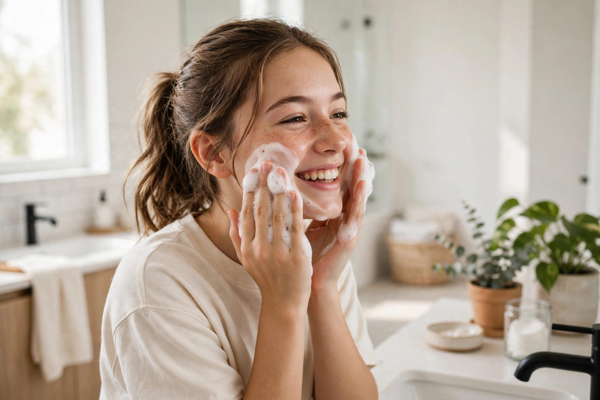 Teenager washing face with gentle cleanser for a safe UK skincare routine for acne-prone skin