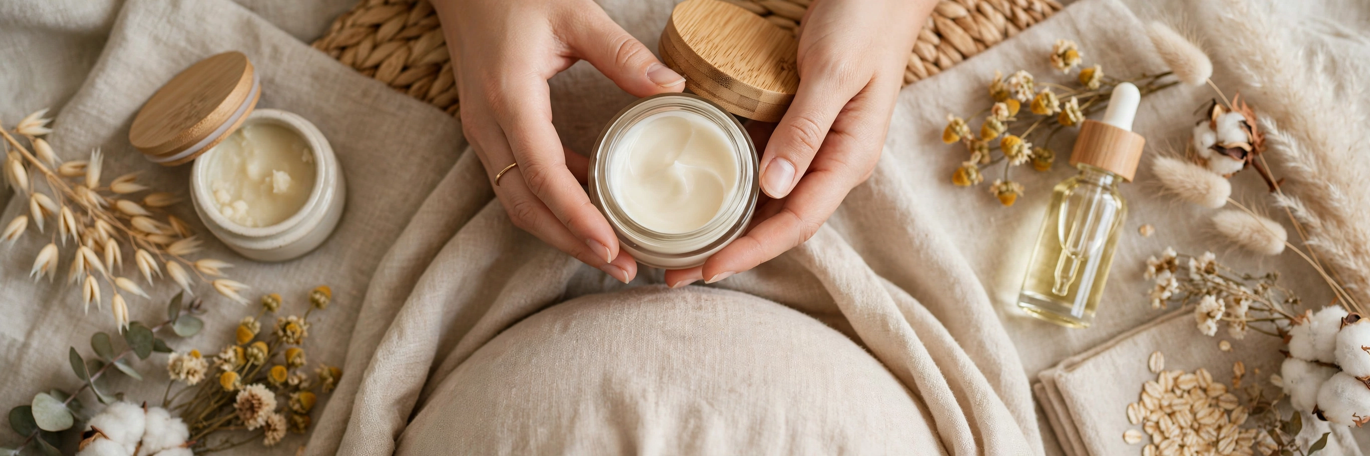 A pregnant woman in soft morning light smiling while gently applying a fragrance-free moisturiser to her cheek, minimal bathroom shelf with gentle skincare products