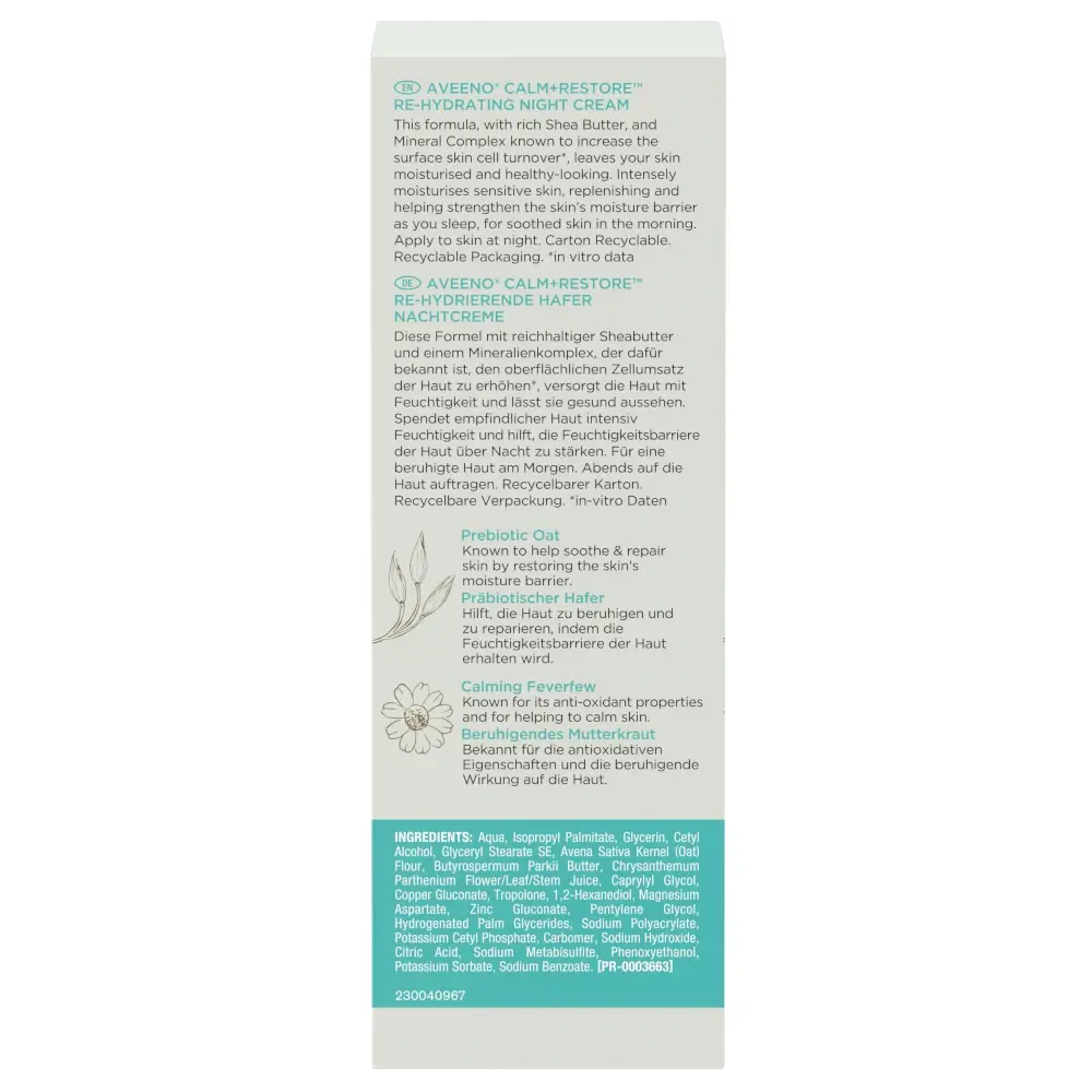 Aveeno® Calm + Restore™ Przywracający Nawilżenie Krem Na Noc – zdjęcie opakowania z tyłu