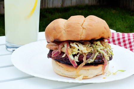 Brat Burgers with Beer & Onion Slaw